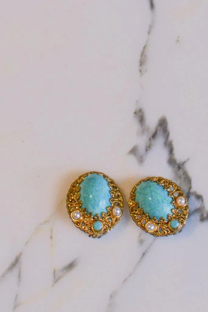 Turquoise, Pearl and Gold Filigree Earrings