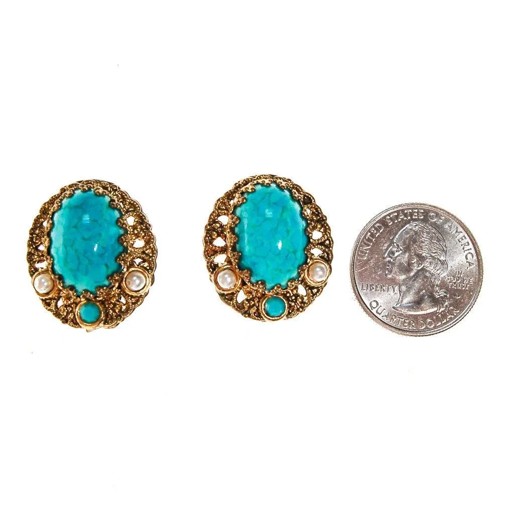 Turquoise, Pearl and Gold Filigree Earrings