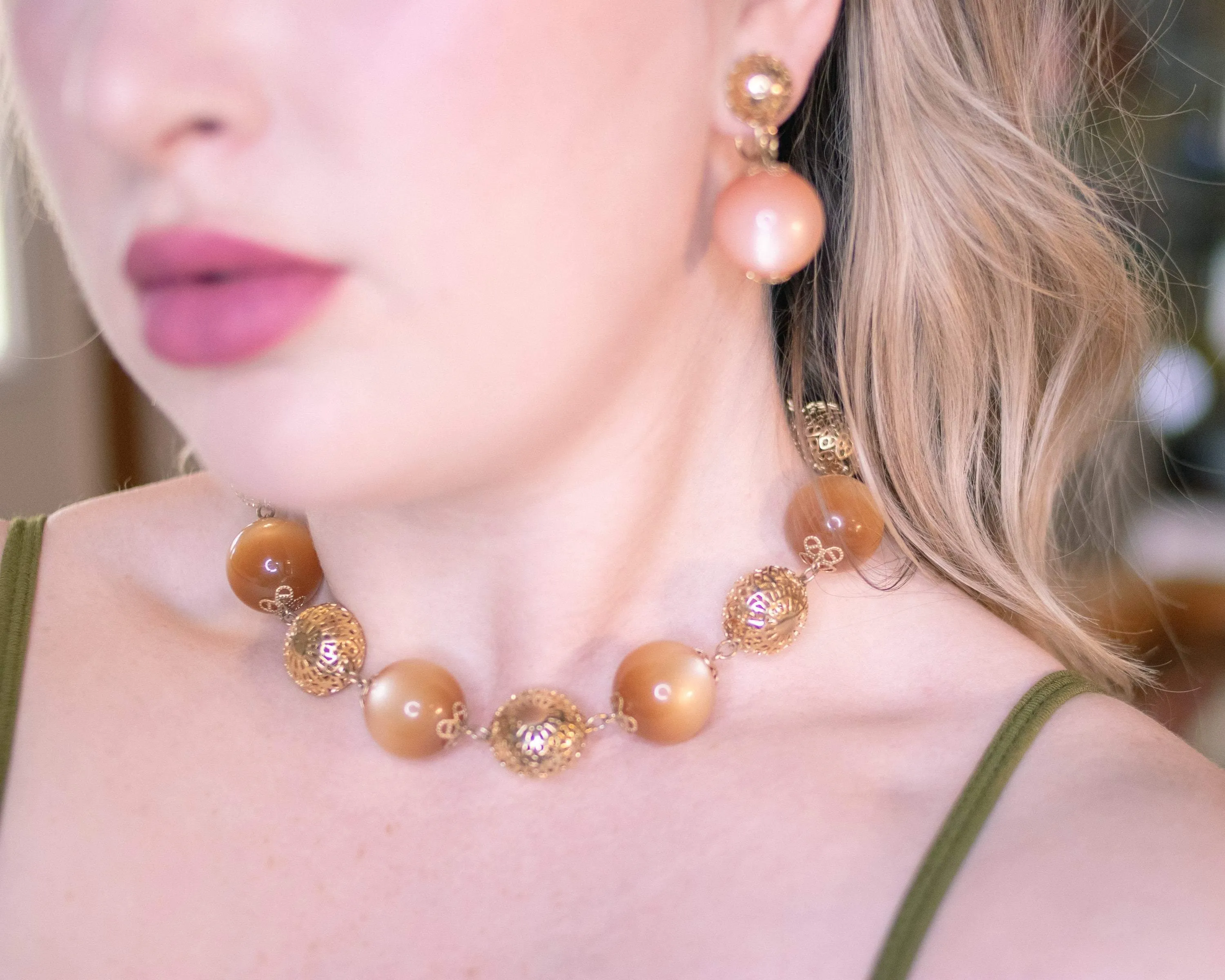 Vintage 1960s Peach Moonglow Earrings with Gold Detailing
