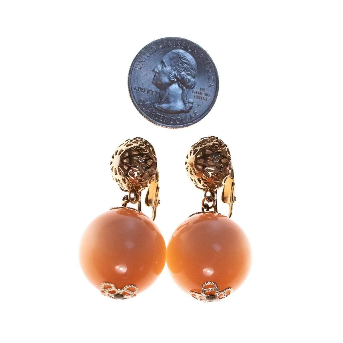 Vintage 1960s Peach Moonglow Earrings with Gold Detailing