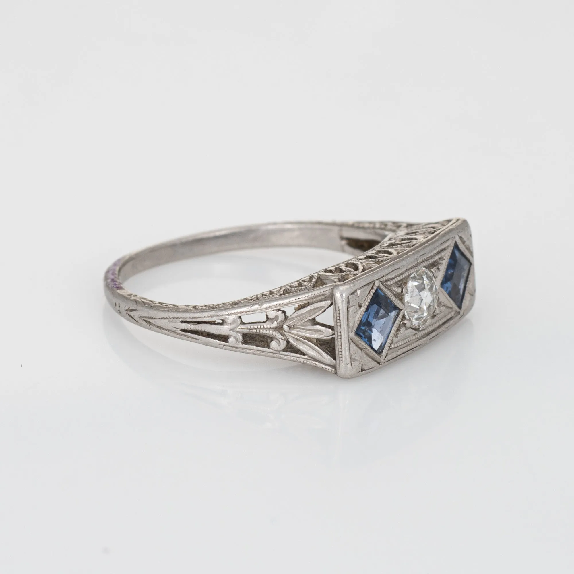 Vintage Deco Diamond Sapphire Ring Antique Jewelry Sz 6 Filigree Square Bridge