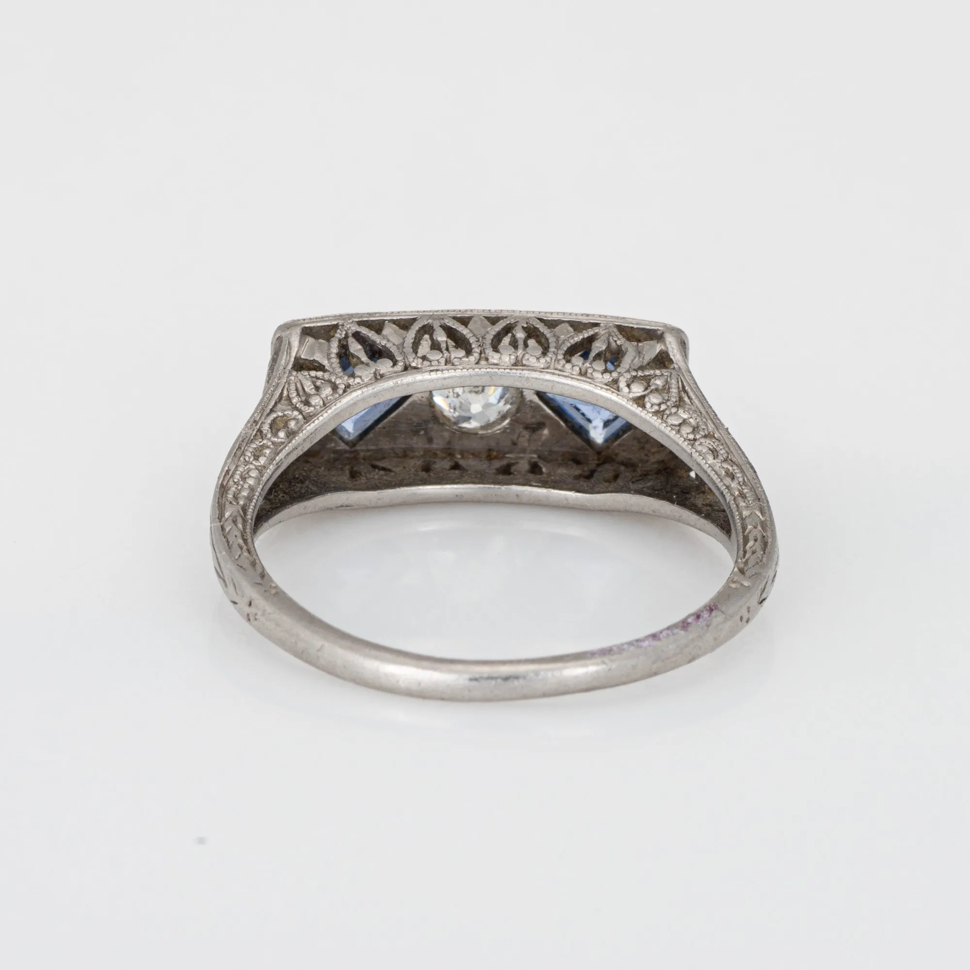 Vintage Deco Diamond Sapphire Ring Antique Jewelry Sz 6 Filigree Square Bridge