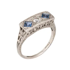 Vintage Deco Diamond Sapphire Ring Antique Jewelry Sz 6 Filigree Square Bridge
