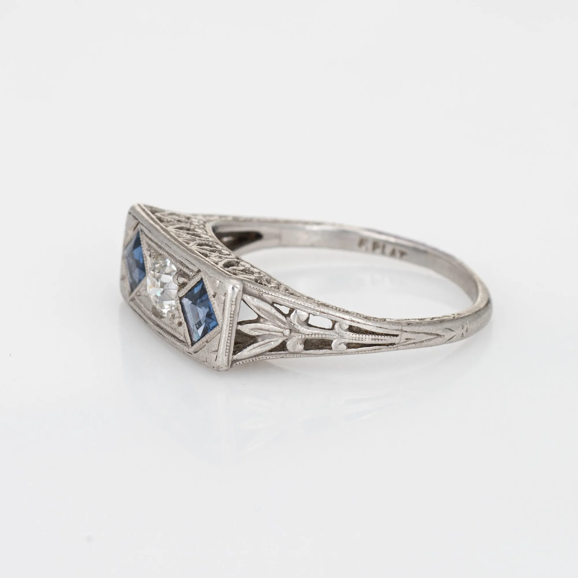 Vintage Deco Diamond Sapphire Ring Antique Jewelry Sz 6 Filigree Square Bridge