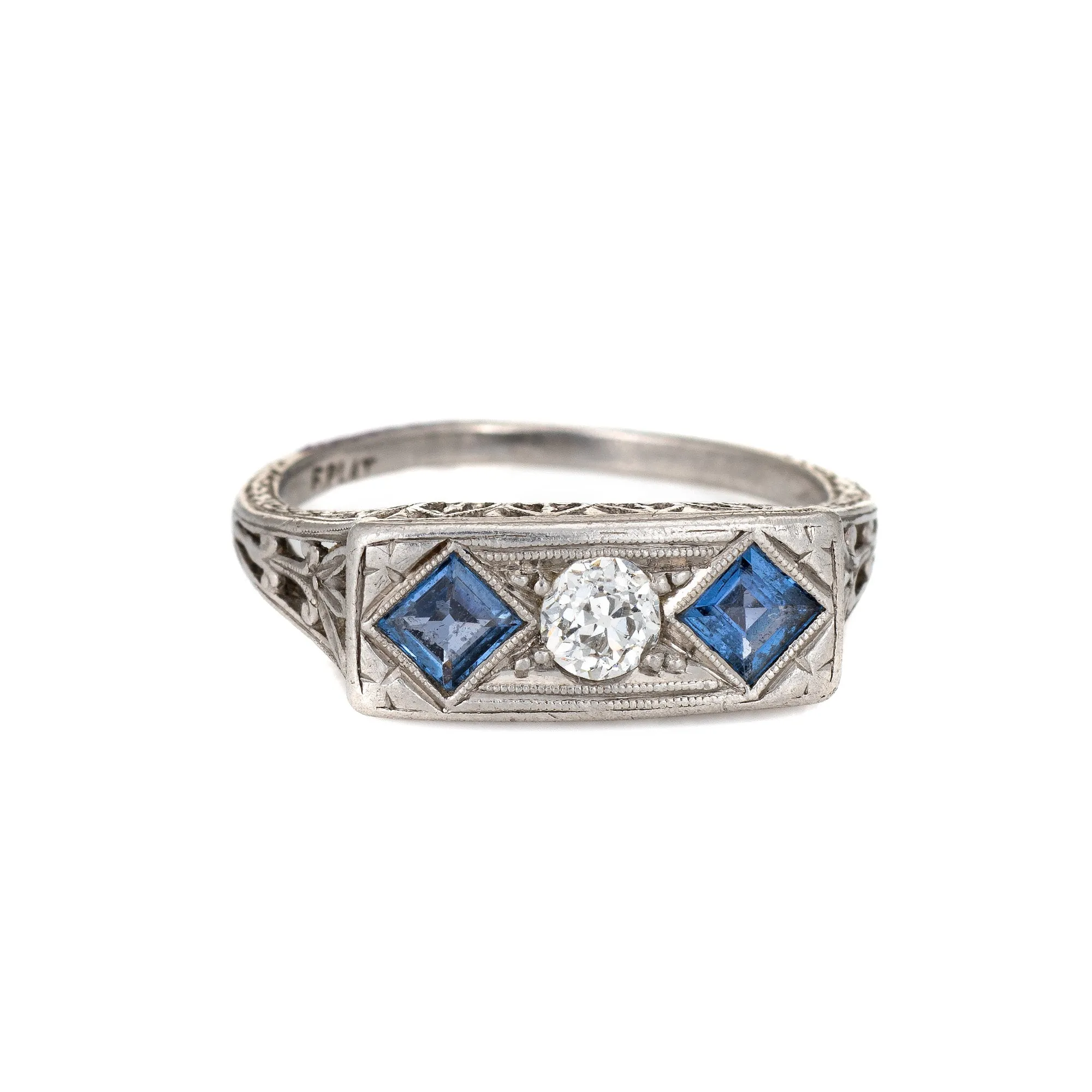 Vintage Deco Diamond Sapphire Ring Antique Jewelry Sz 6 Filigree Square Bridge