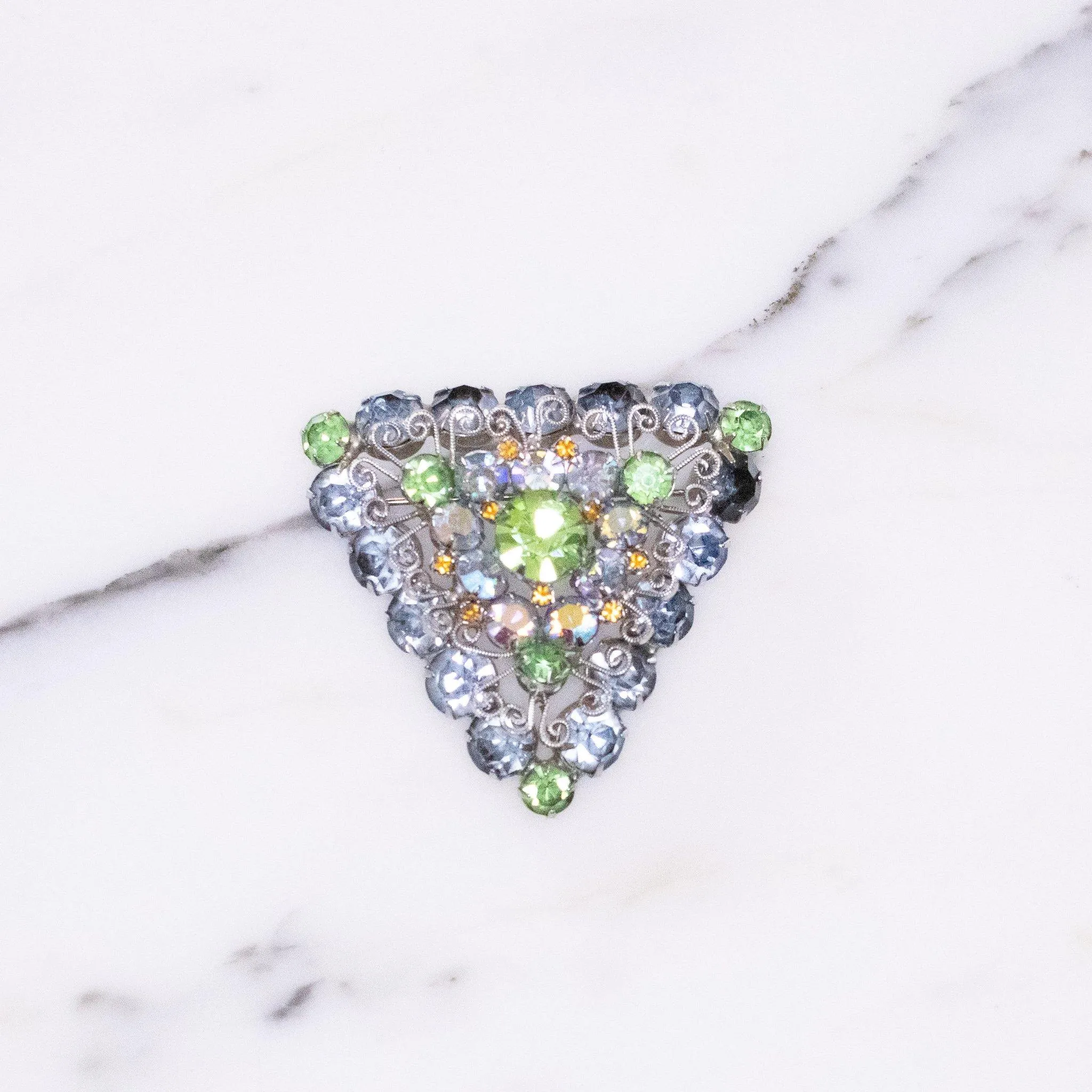 Vintage Light Blue Green Aurora Borealis and Citrine Rhinestone Brooch