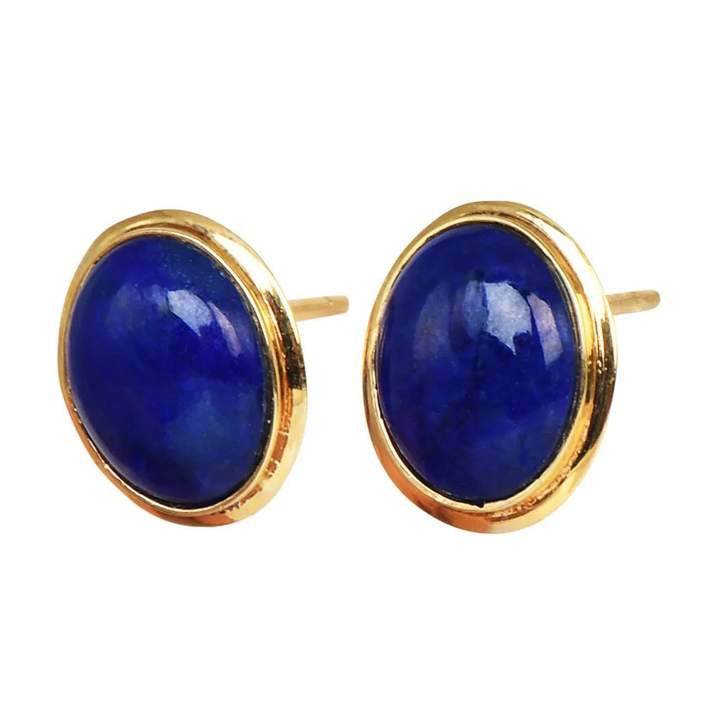 Vintage Oval Lapis Lazuli Bezel Set Stud Earrings in Yellow Gold