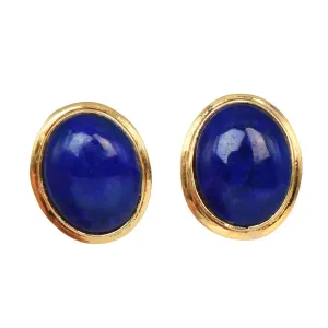 Vintage Oval Lapis Lazuli Bezel Set Stud Earrings in Yellow Gold