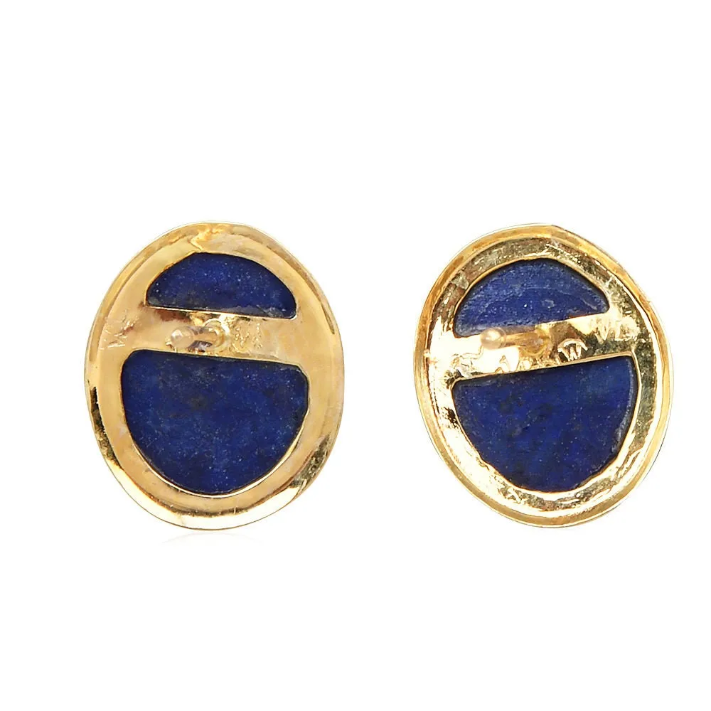 Vintage Oval Lapis Lazuli Bezel Set Stud Earrings in Yellow Gold
