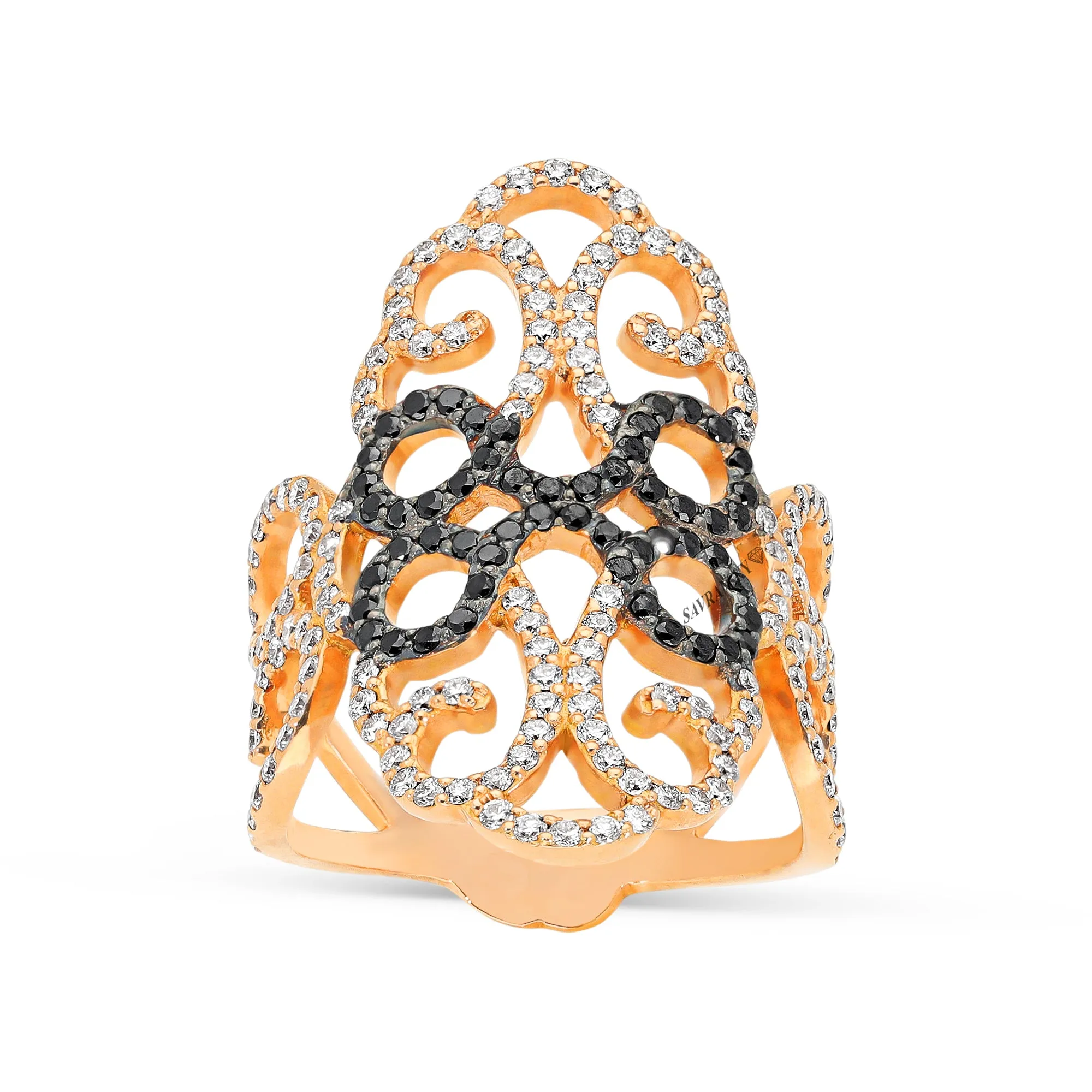 White and Black Diamond Elongated Filigree Ring