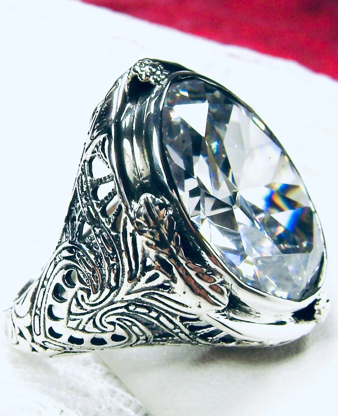 White CZ Ring, Size 7, Large Oval Ring, Victorian Jewelry Design#D2 - Ready to Ship