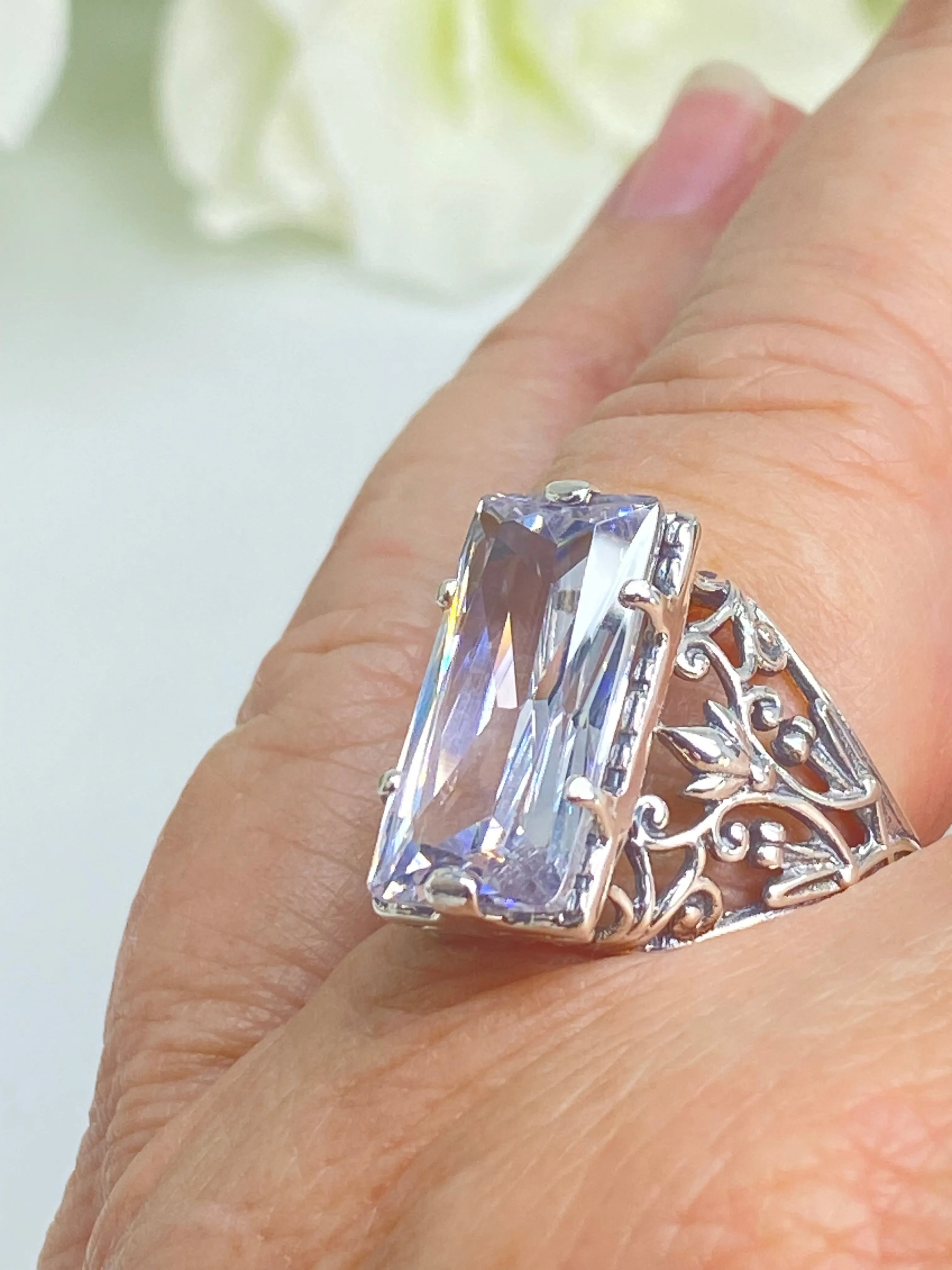 White CZ Ring, Size 8, Baguette Gem, Floral Leaf Filigree, Victorian Jewelry, D32 - Ready to Ship