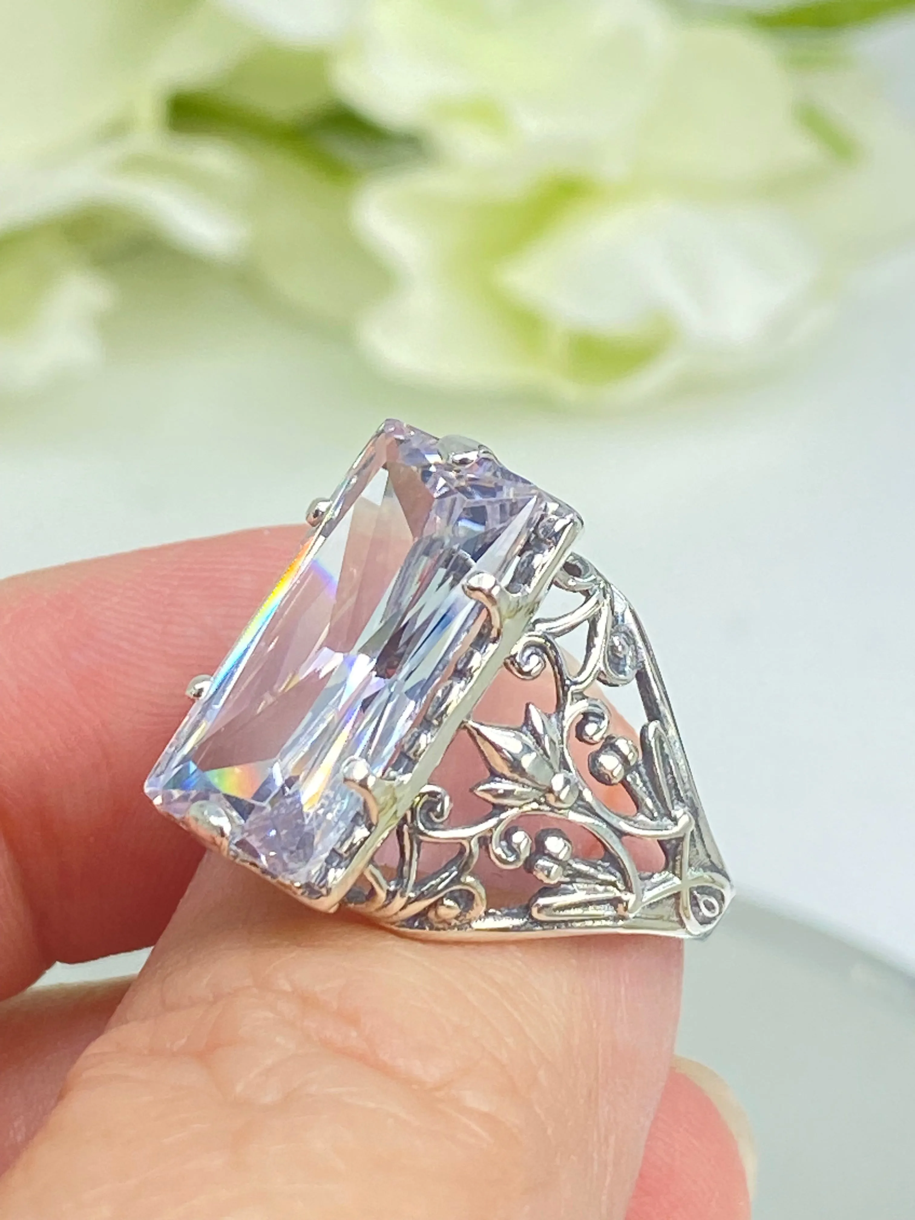 White CZ Ring, Size 8, Baguette Gem, Floral Leaf Filigree, Victorian Jewelry, D32 - Ready to Ship