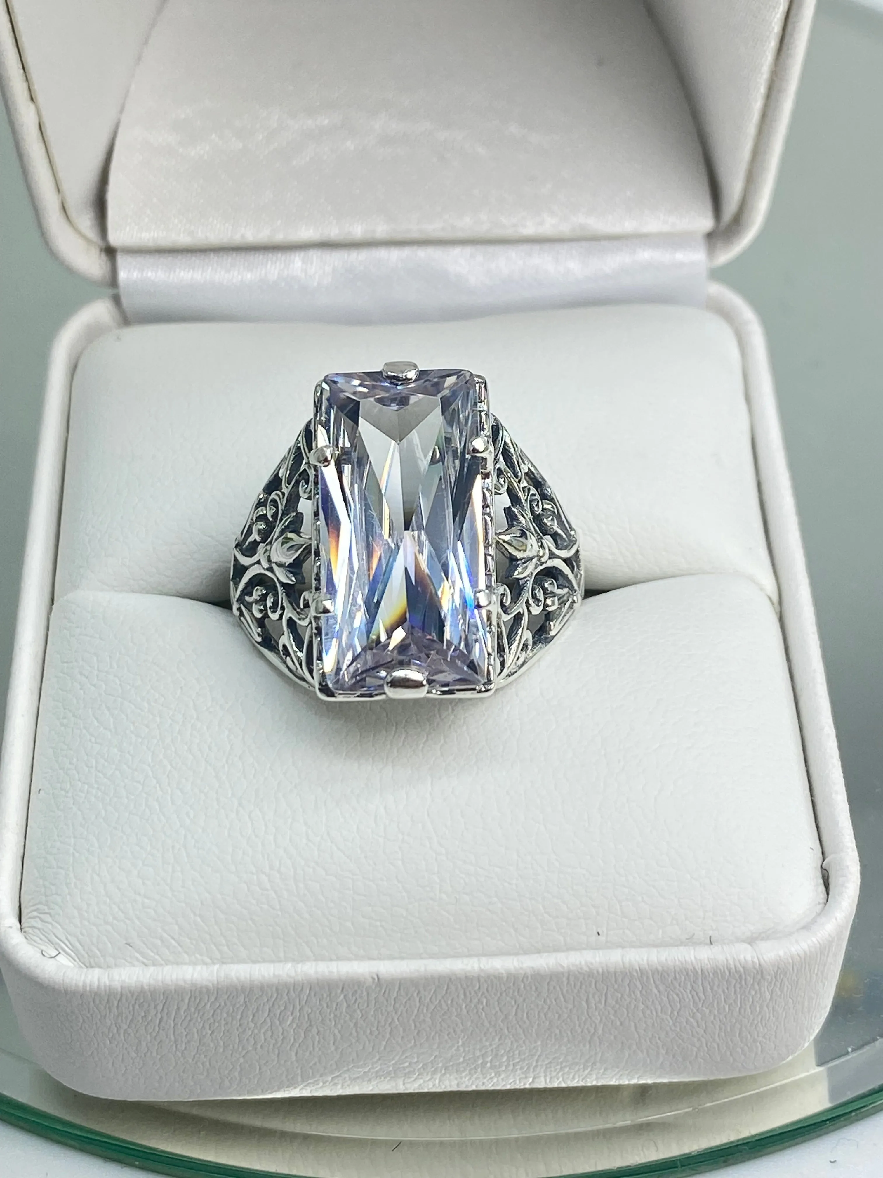 White CZ Ring, Size 8, Baguette Gem, Floral Leaf Filigree, Victorian Jewelry, D32 - Ready to Ship