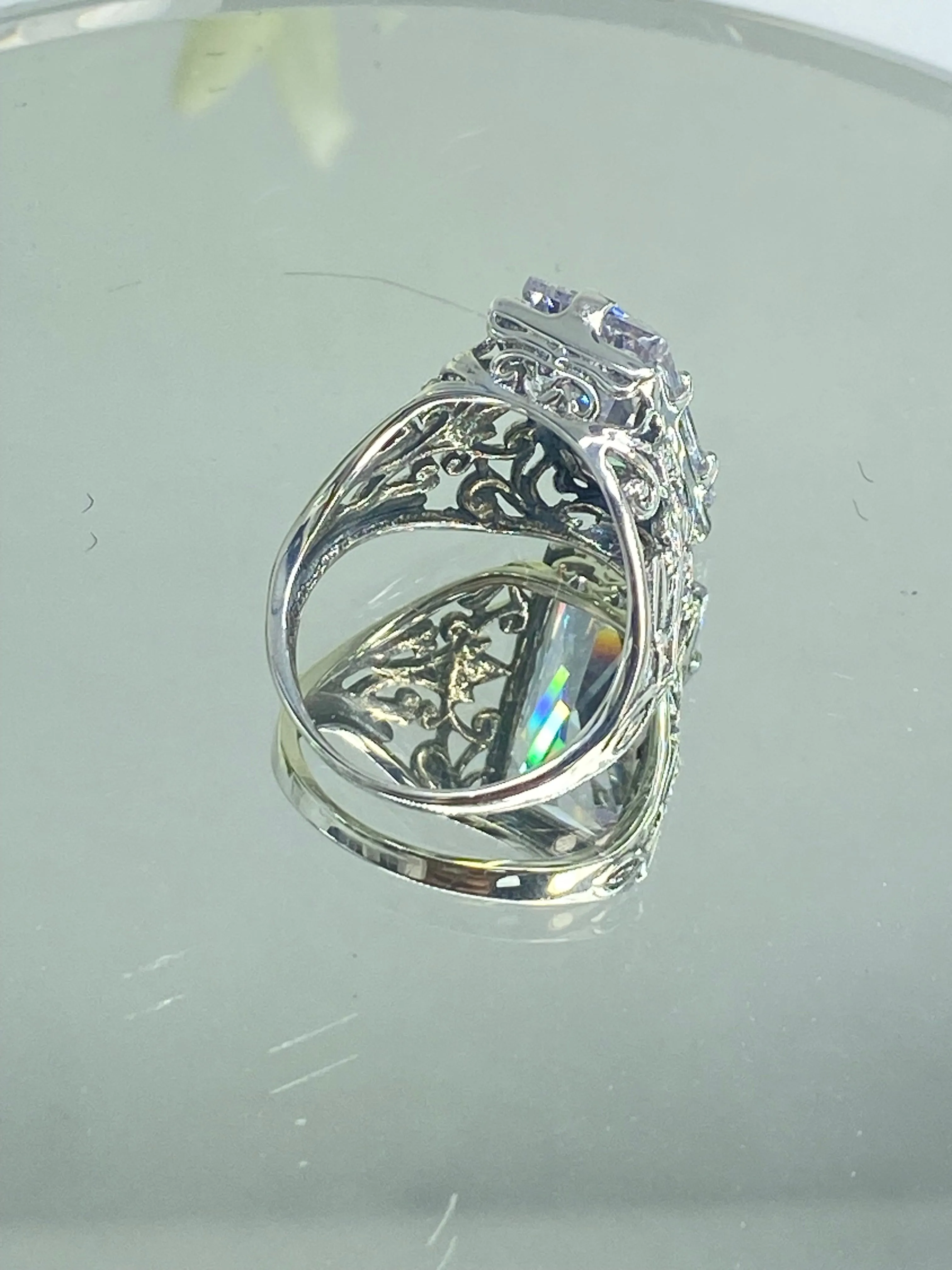 White CZ Ring, Size 8, Baguette Gem, Floral Leaf Filigree, Victorian Jewelry, D32 - Ready to Ship
