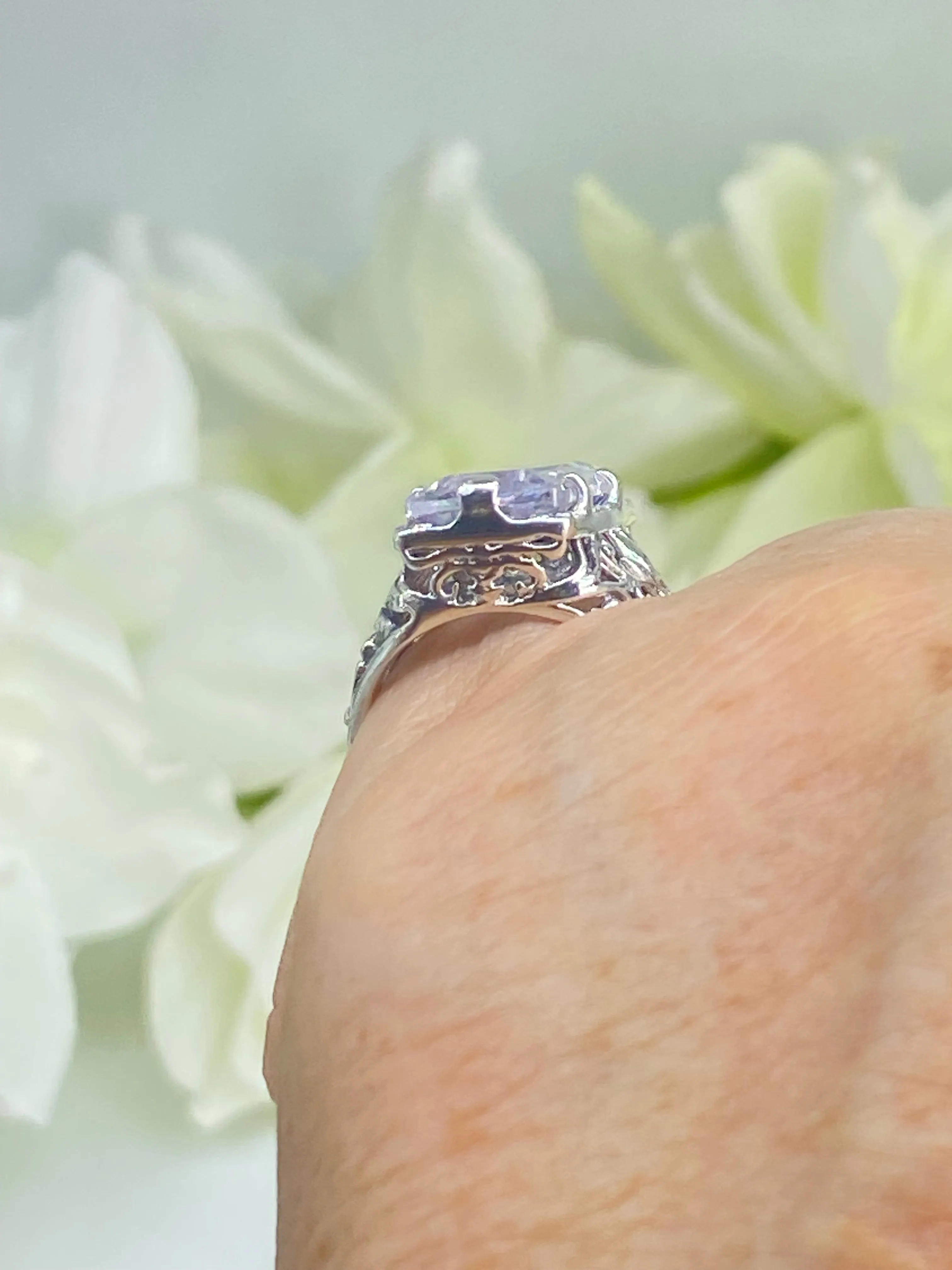 White CZ Ring, Size 8, Baguette Gem, Floral Leaf Filigree, Victorian Jewelry, D32 - Ready to Ship