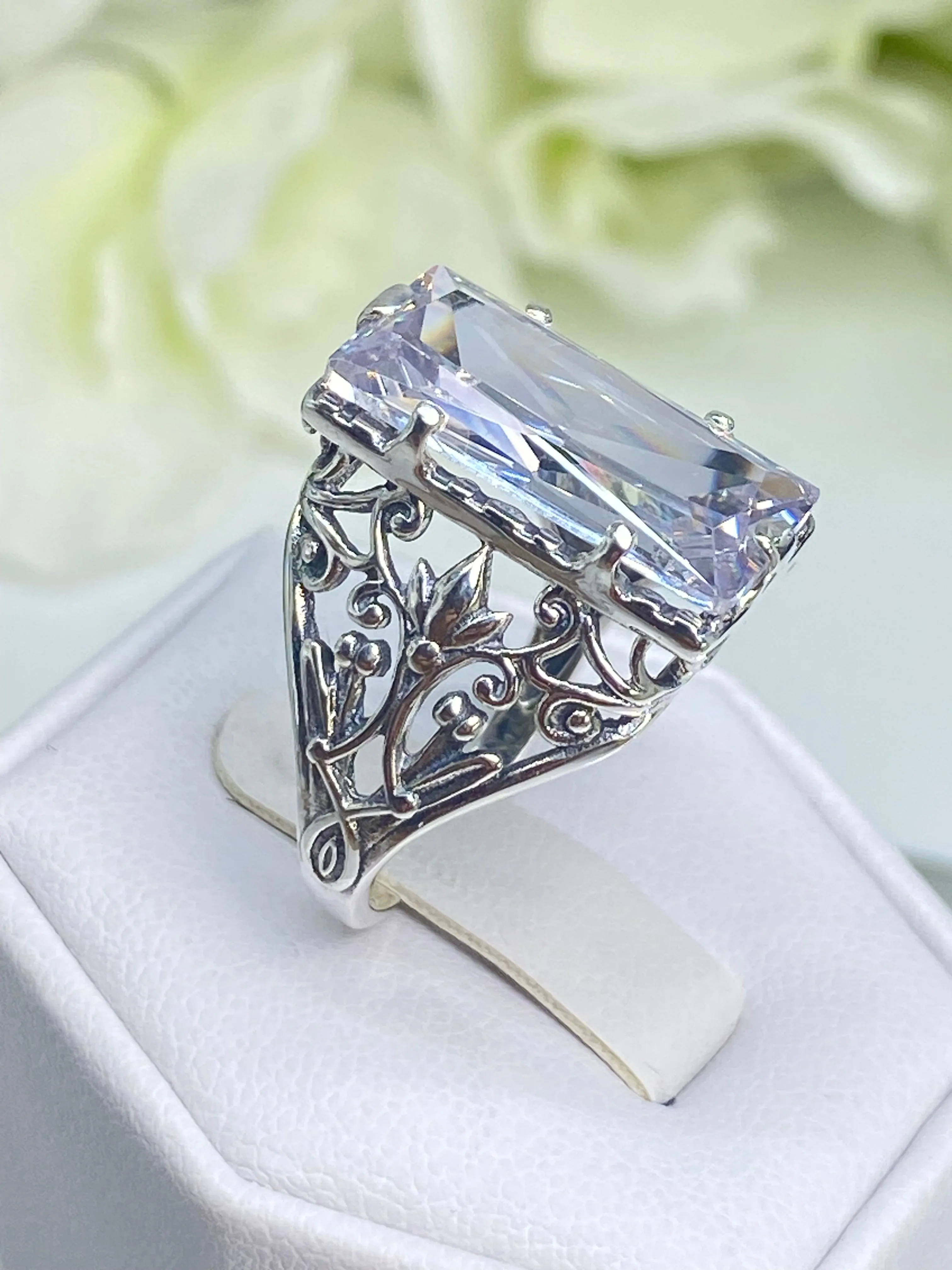 White CZ Ring, Size 8, Baguette Gem, Floral Leaf Filigree, Victorian Jewelry, D32 - Ready to Ship