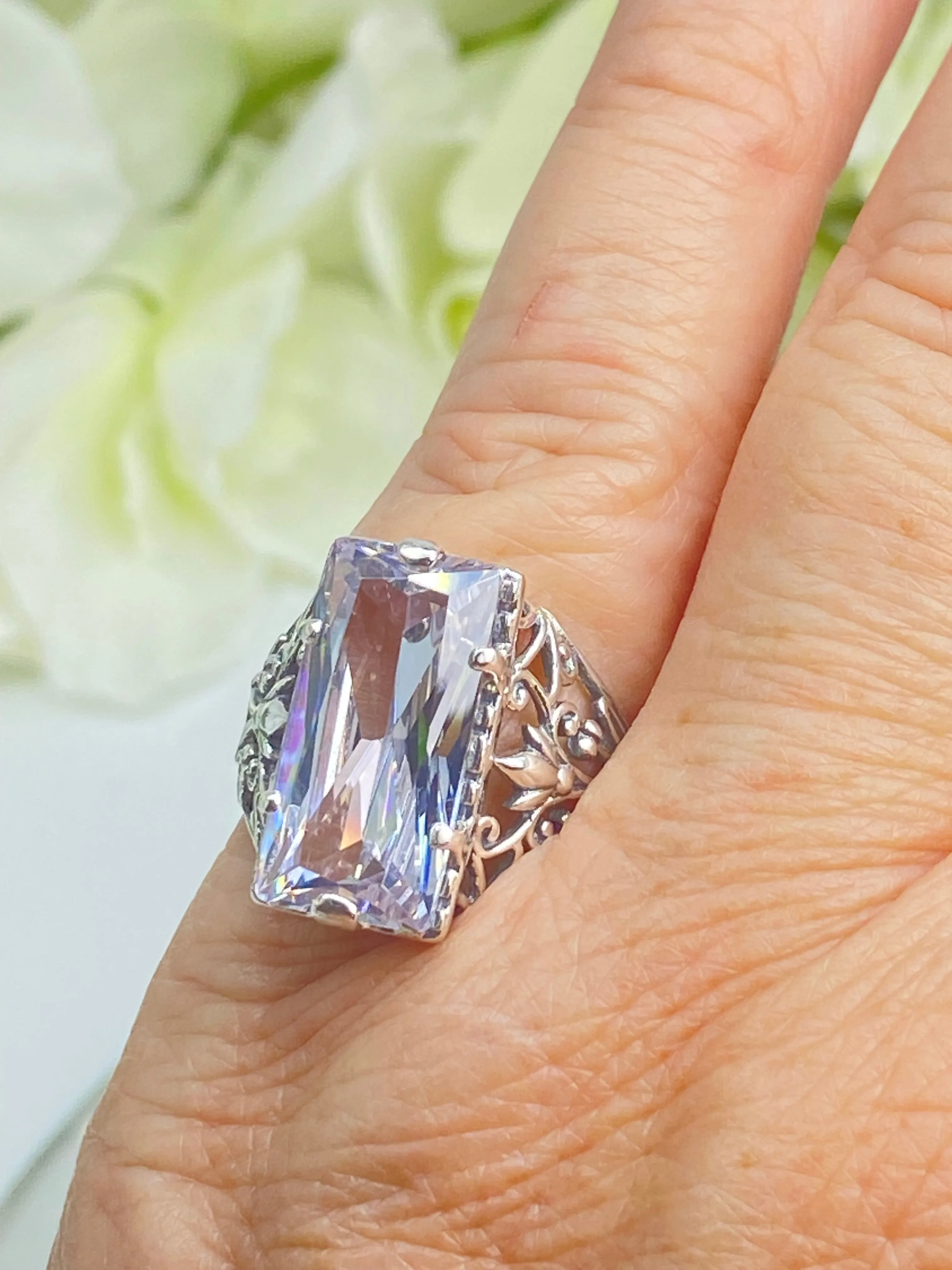 White CZ Ring, Size 8, Baguette Gem, Floral Leaf Filigree, Victorian Jewelry, D32 - Ready to Ship