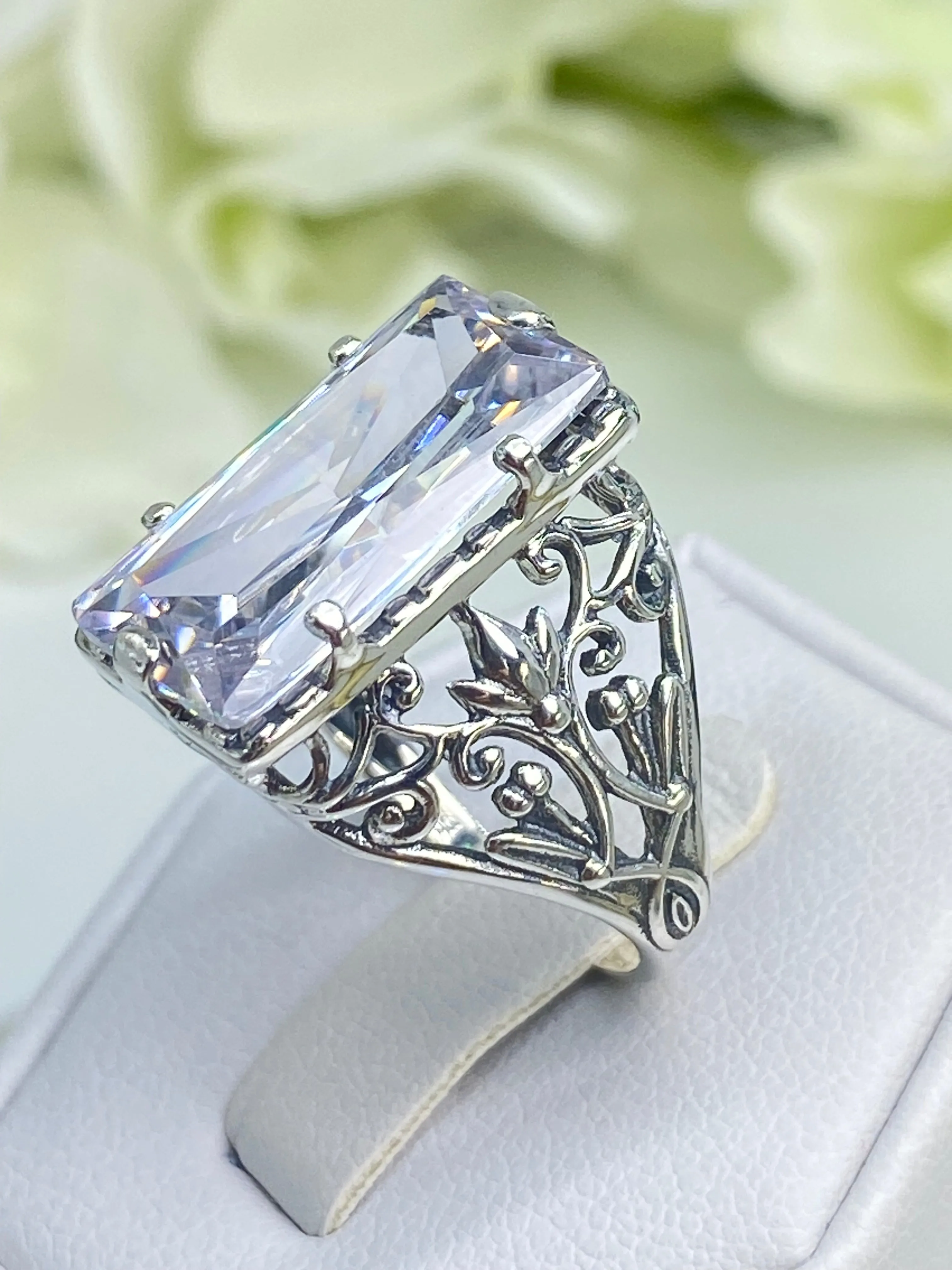 White CZ Ring, Size 8, Baguette Gem, Floral Leaf Filigree, Victorian Jewelry, D32 - Ready to Ship
