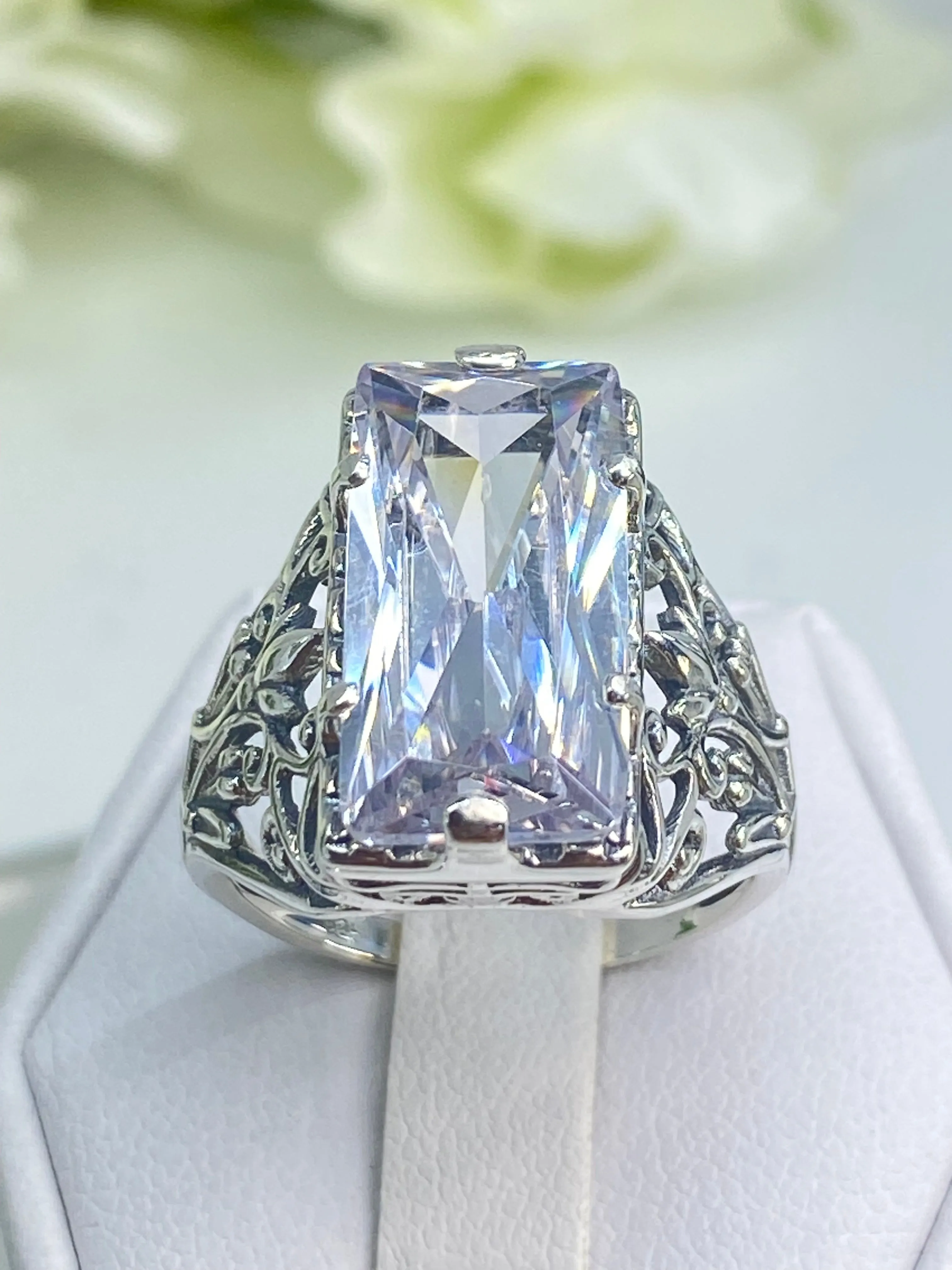 White CZ Ring, Size 8, Baguette Gem, Floral Leaf Filigree, Victorian Jewelry, D32 - Ready to Ship