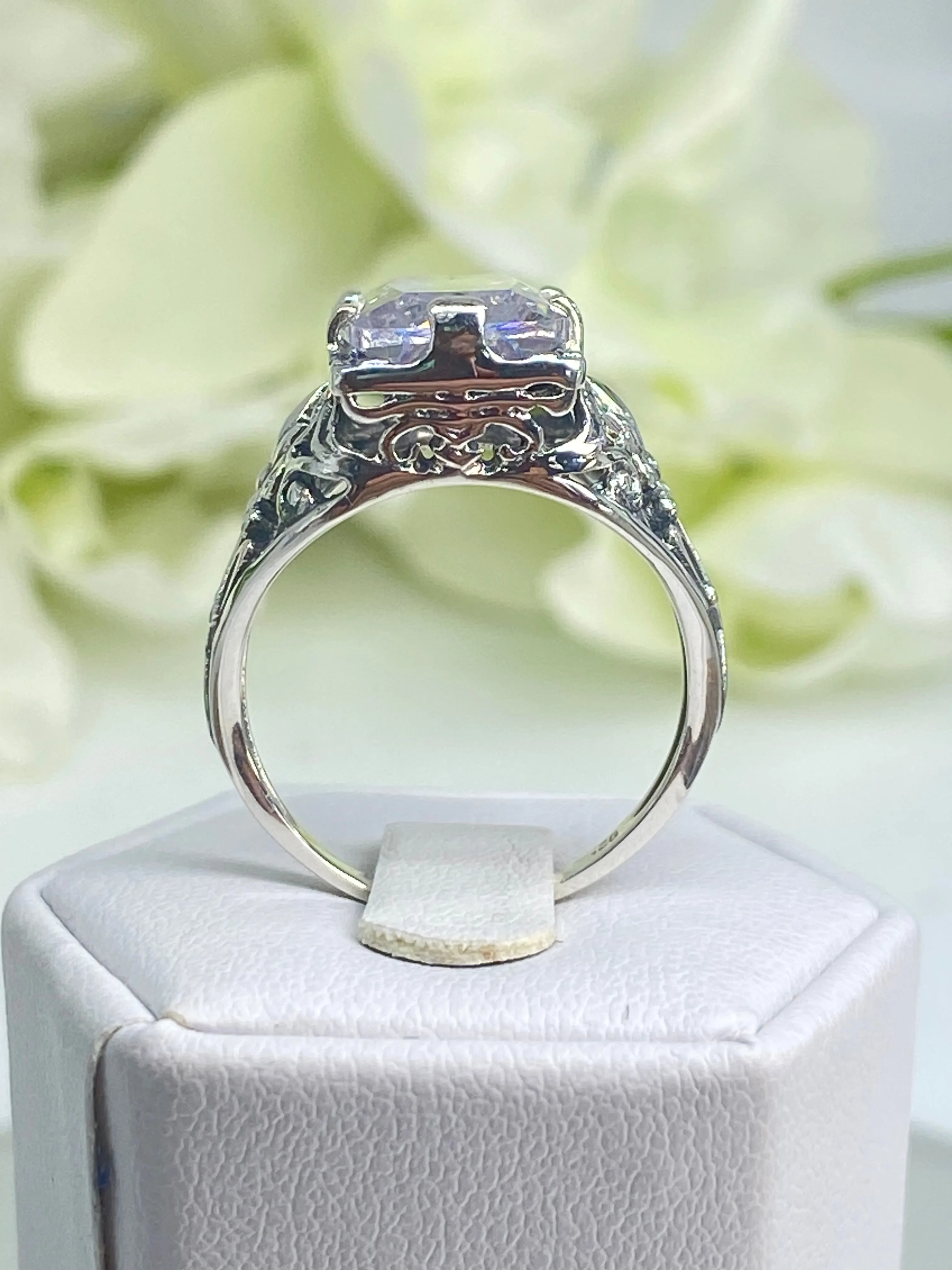 White CZ Ring, Size 8, Baguette Gem, Floral Leaf Filigree, Victorian Jewelry, D32 - Ready to Ship