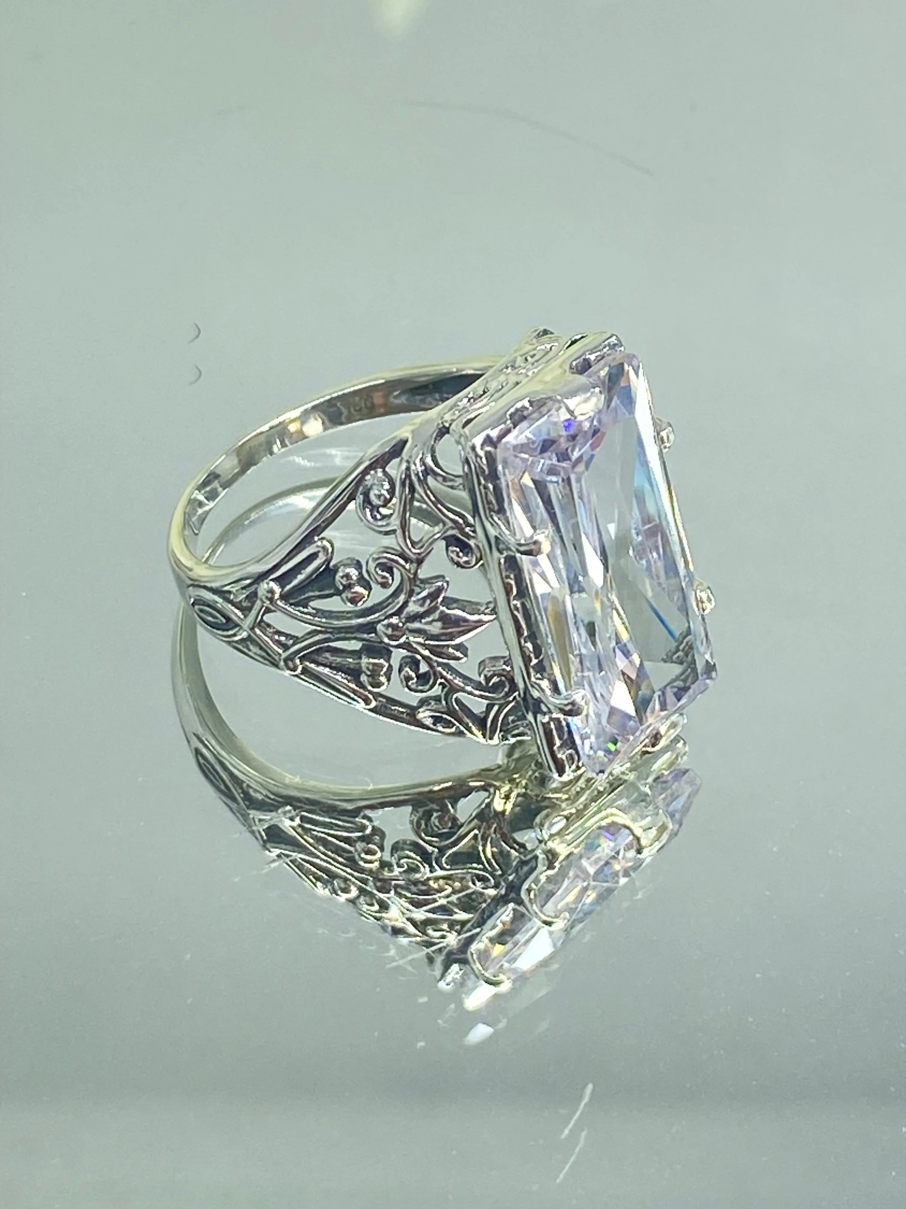 White CZ Ring, Size 8, Baguette Gem, Floral Leaf Filigree, Victorian Jewelry, D32 - Ready to Ship