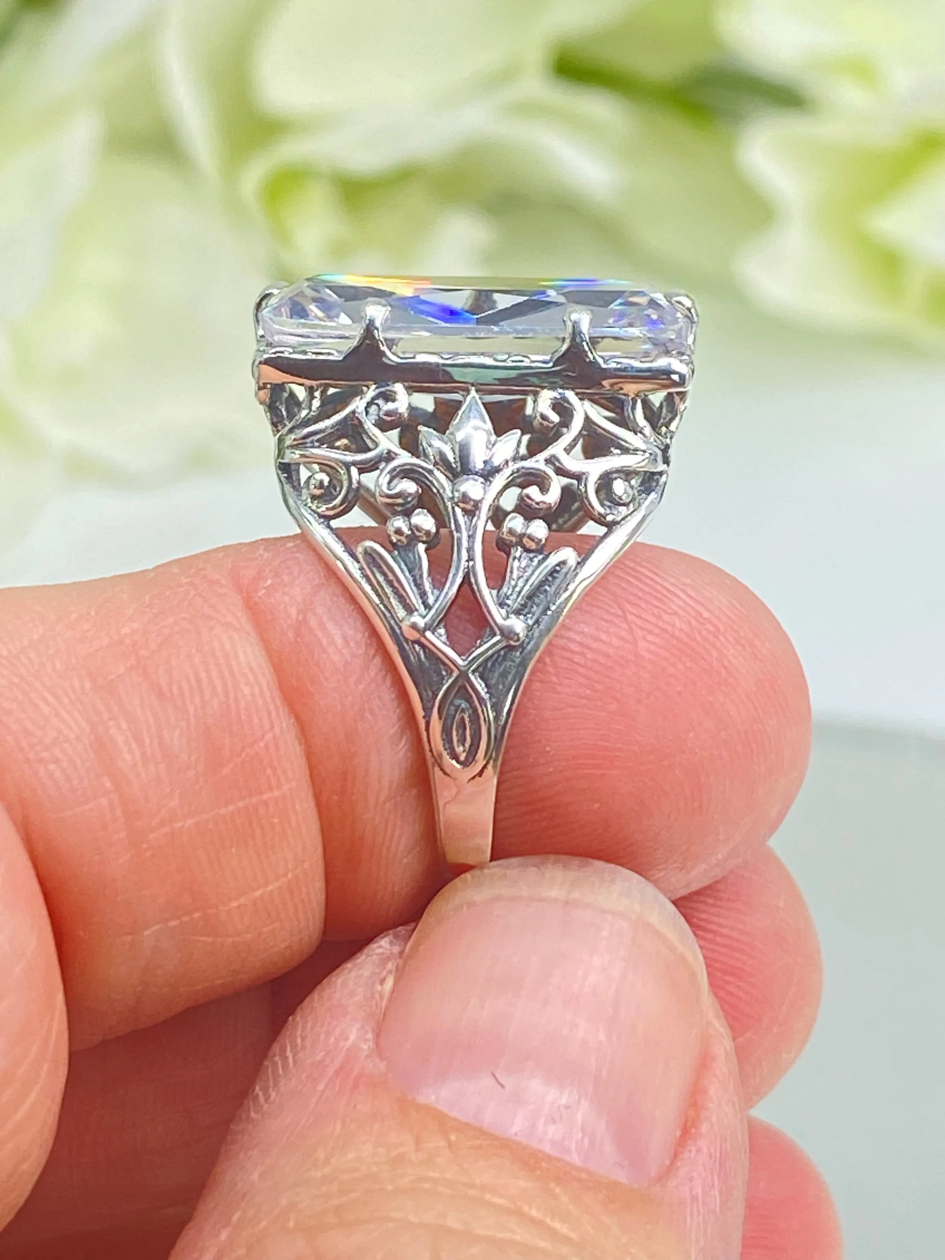 White CZ Ring, Size 8, Baguette Gem, Floral Leaf Filigree, Victorian Jewelry, D32 - Ready to Ship