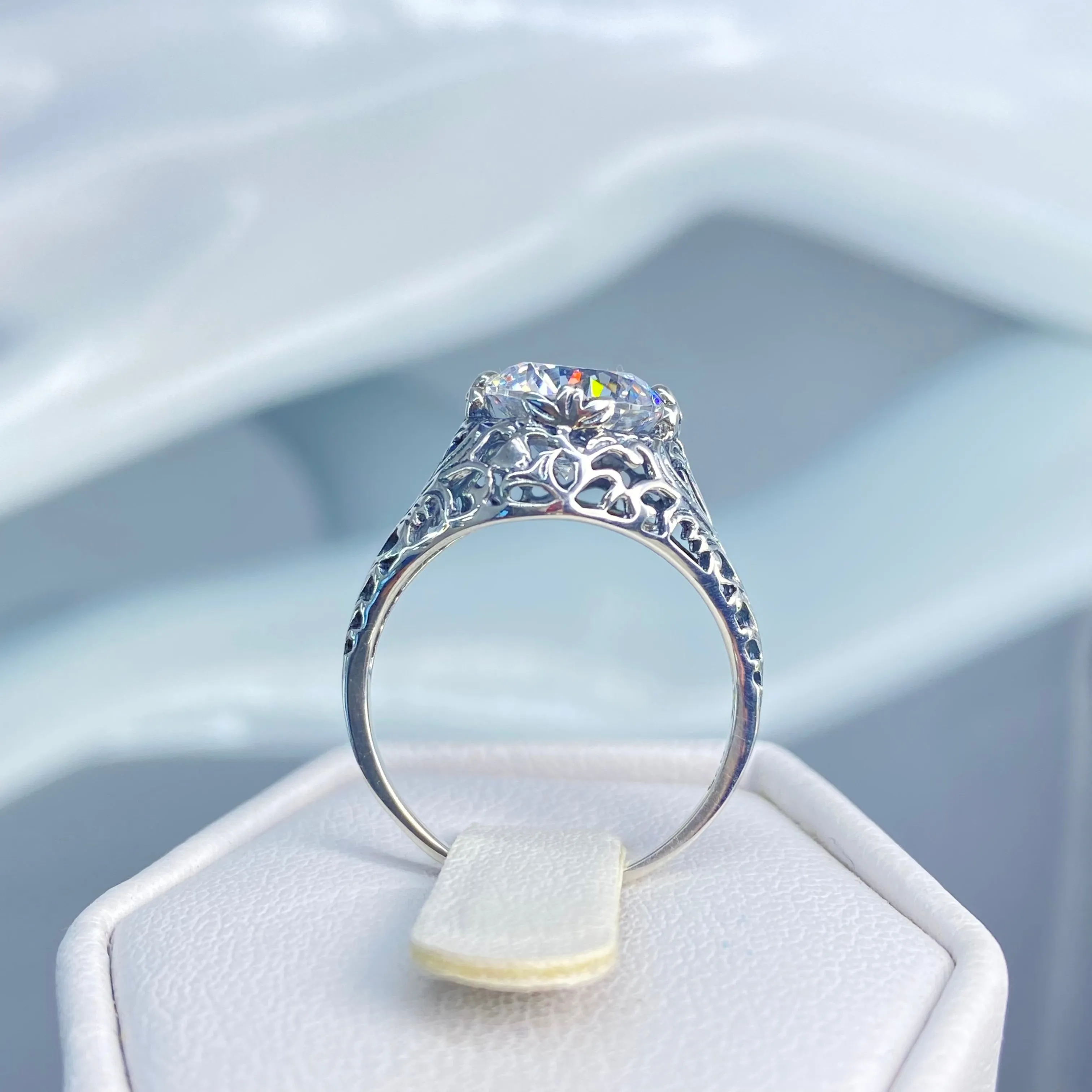 White Gem Ring, Cubic Zirconia, Natural Topaz, or Moissanite, Victorian Jewelry #D198
