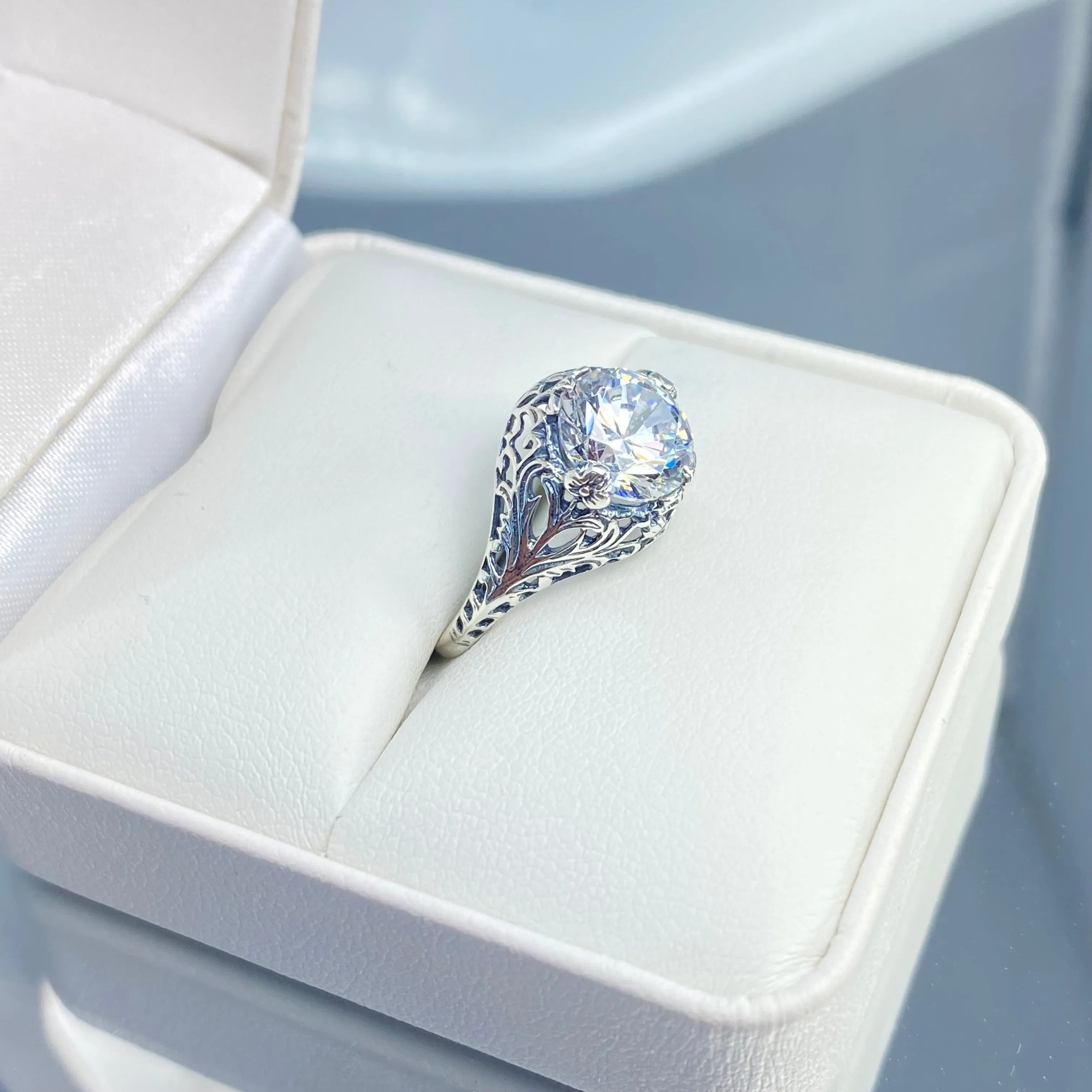 White Gem Ring, Cubic Zirconia, Natural Topaz, or Moissanite, Victorian Jewelry #D198