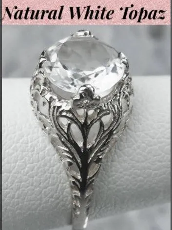 White Gem Ring, Cubic Zirconia, Natural Topaz, or Moissanite, Victorian Jewelry #D198