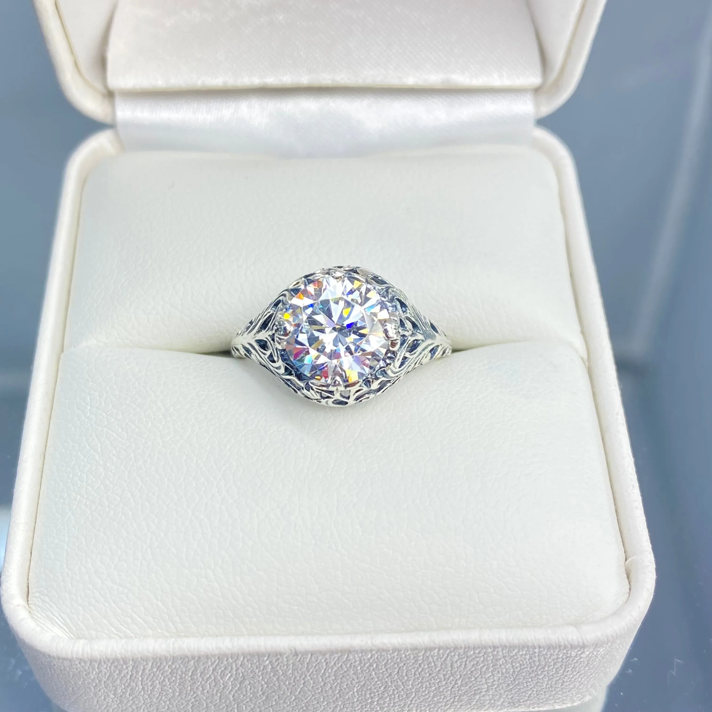 White Gem Ring, Cubic Zirconia, Natural Topaz, or Moissanite, Victorian Jewelry #D198