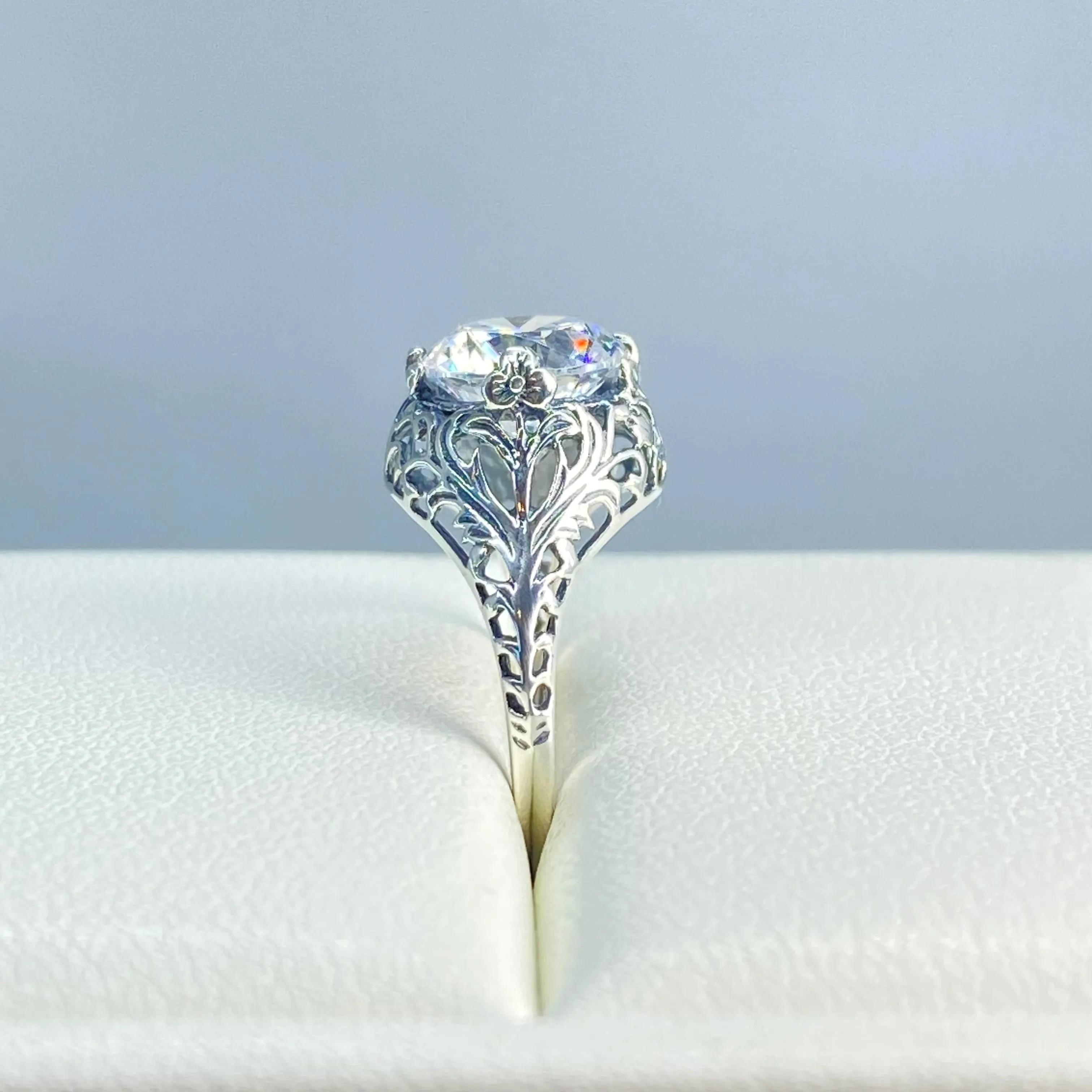 White Gem Ring, Cubic Zirconia, Natural Topaz, or Moissanite, Victorian Jewelry #D198