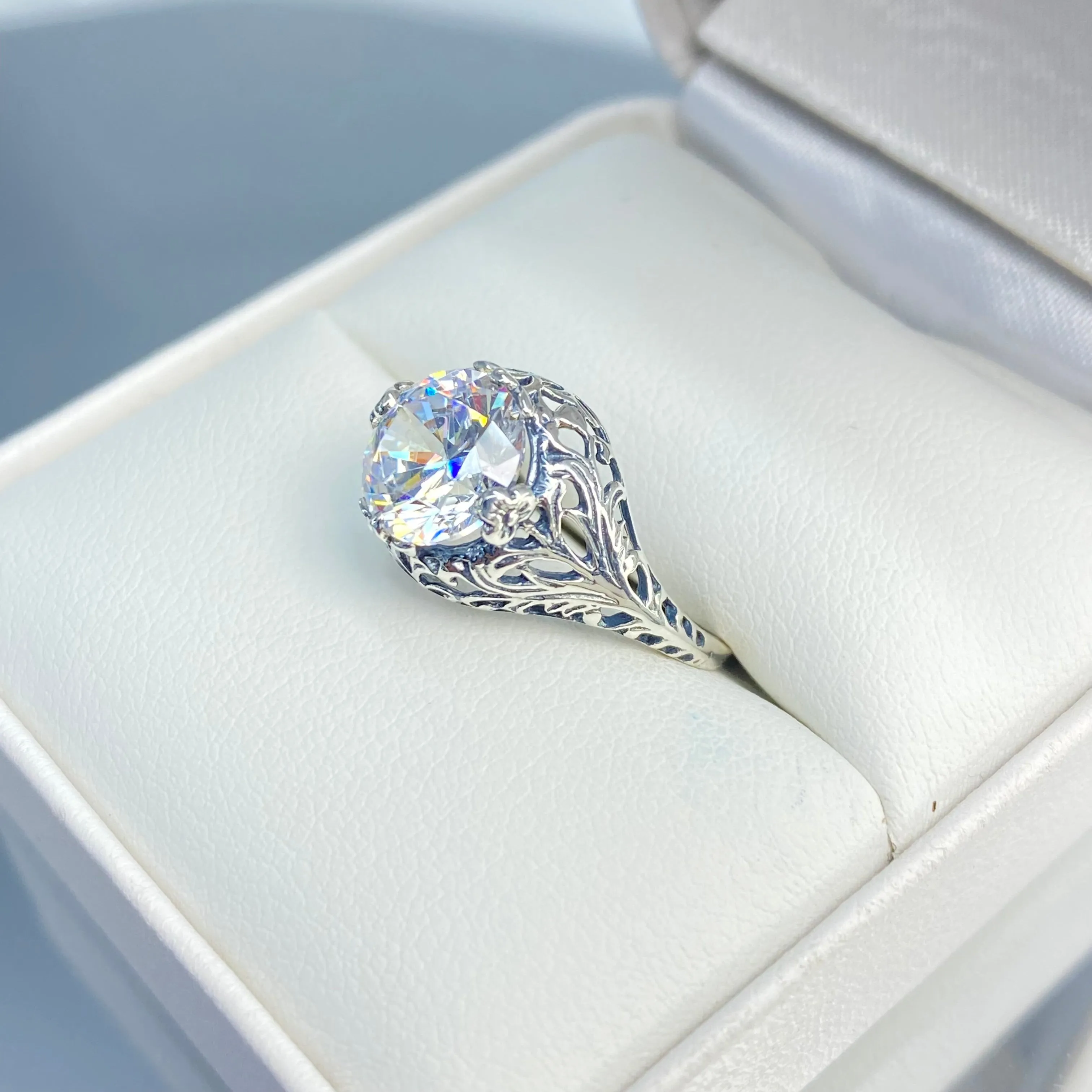 White Gem Ring, Cubic Zirconia, Natural Topaz, or Moissanite, Victorian Jewelry #D198