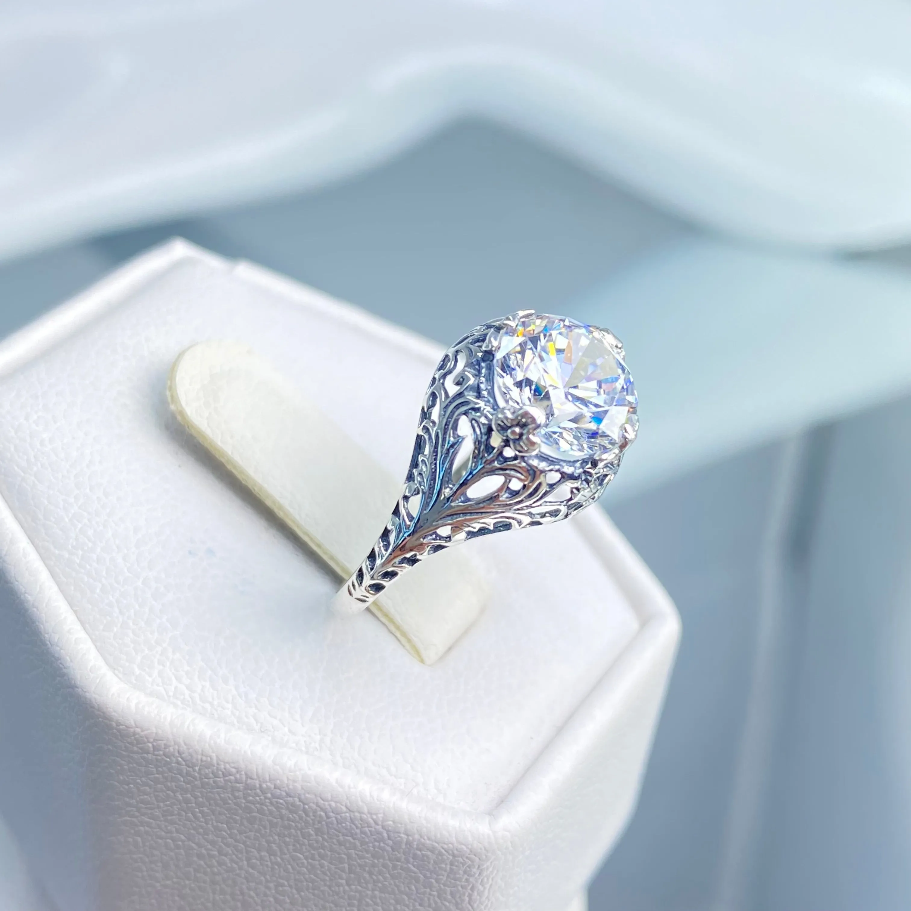 White Gem Ring, Cubic Zirconia, Natural Topaz, or Moissanite, Victorian Jewelry #D198