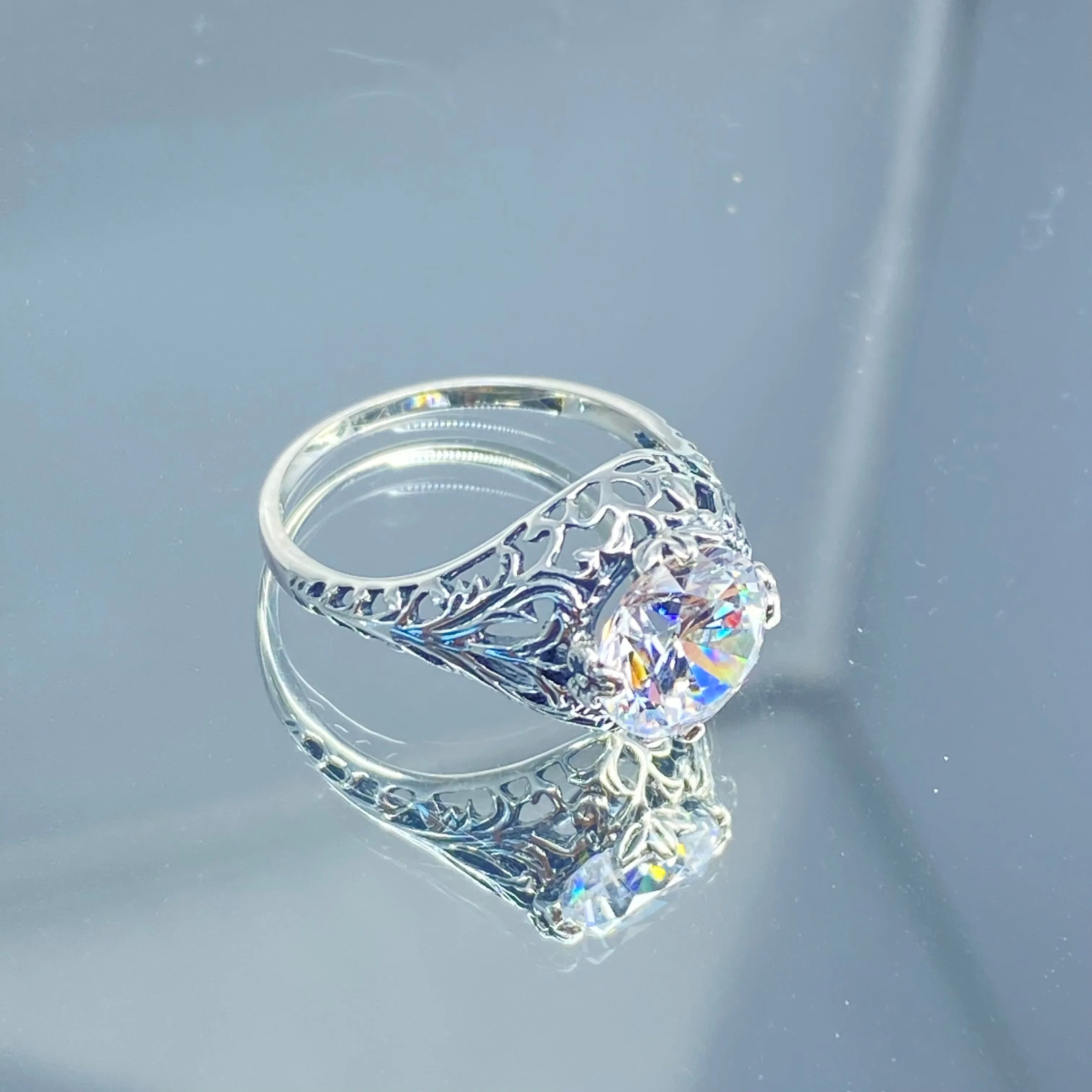 White Gem Ring, Cubic Zirconia, Natural Topaz, or Moissanite, Victorian Jewelry #D198