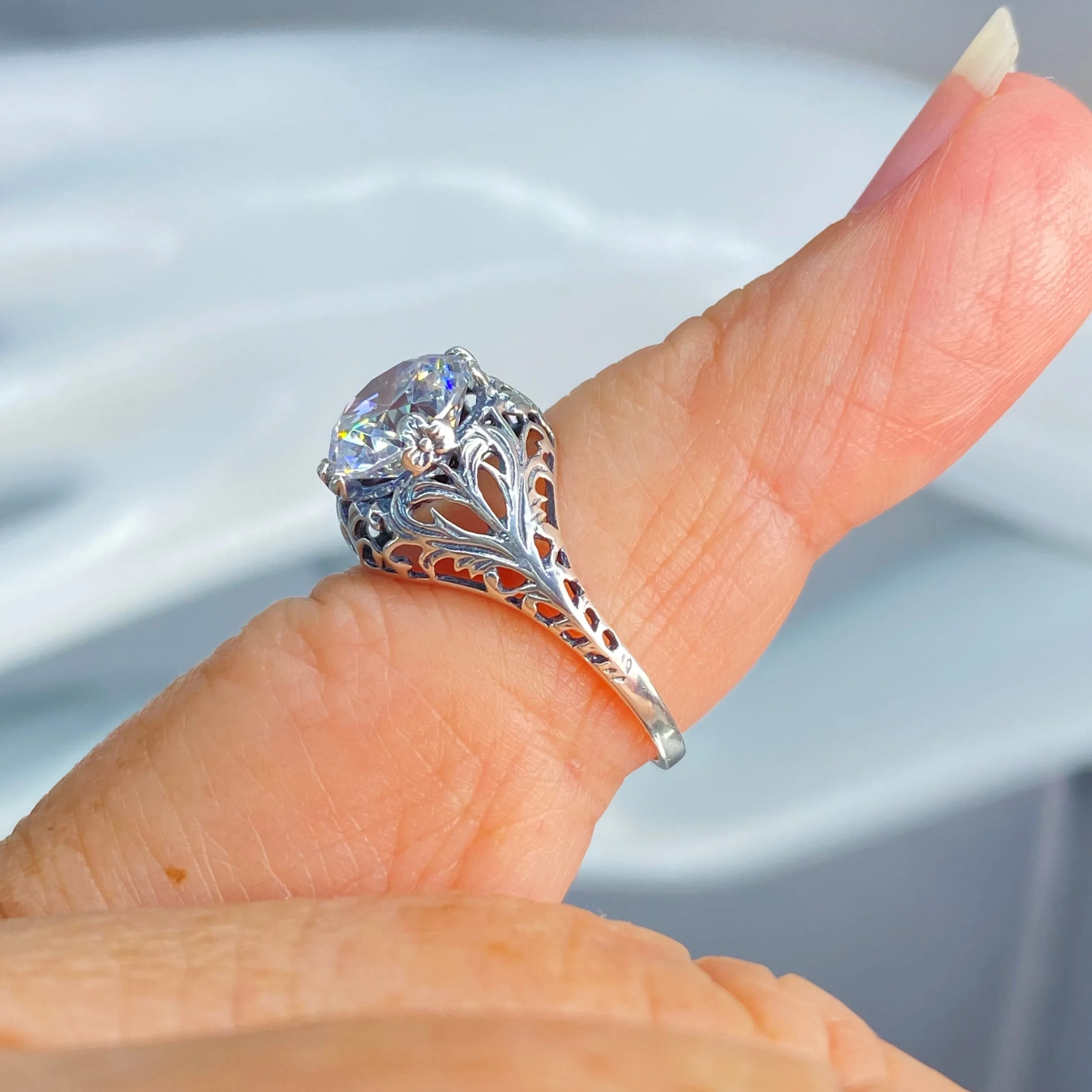 White Gem Ring, Cubic Zirconia, Natural Topaz, or Moissanite, Victorian Jewelry #D198