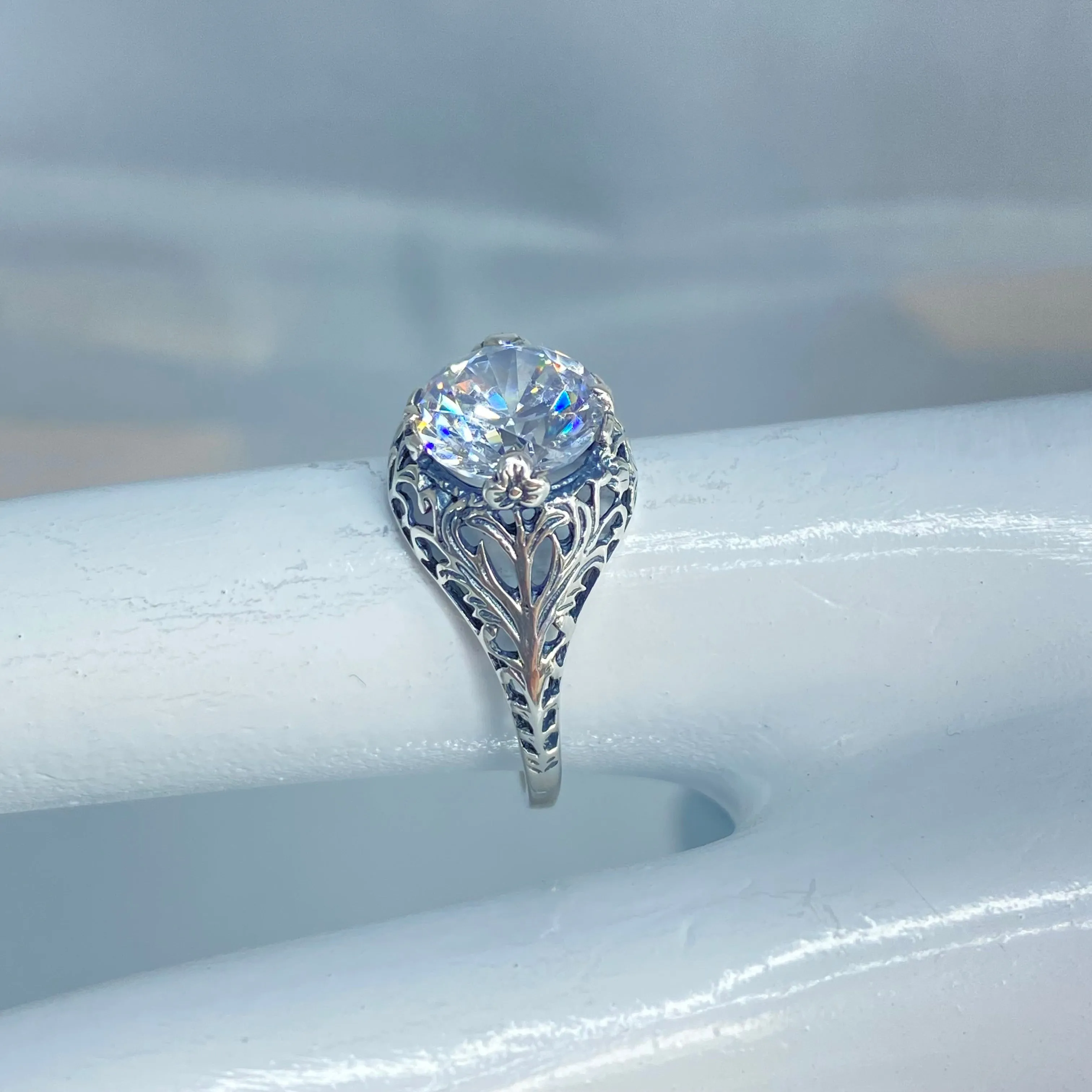White Gem Ring, Cubic Zirconia, Natural Topaz, or Moissanite, Victorian Jewelry #D198