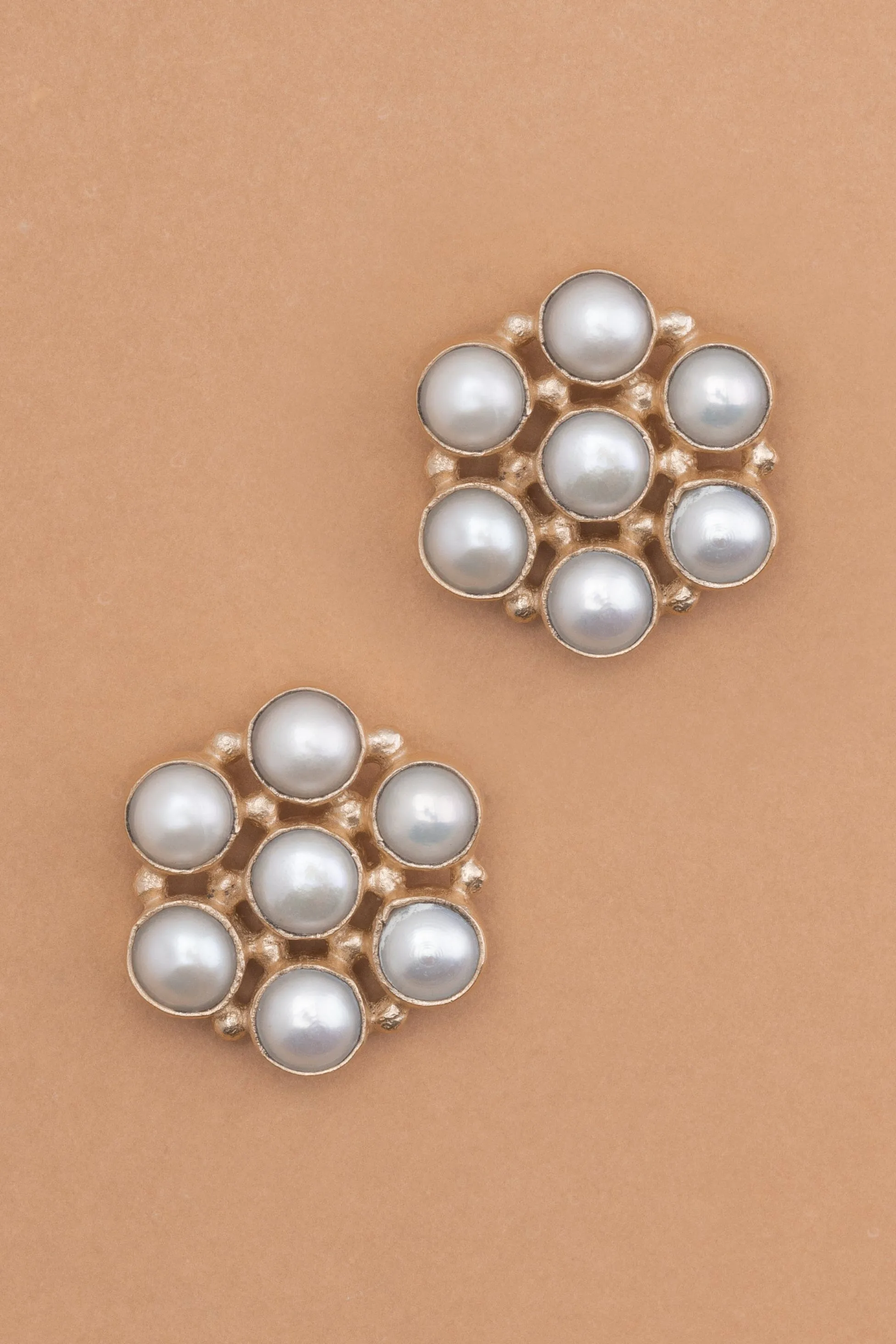 White Pearl Gold Floral Earrings