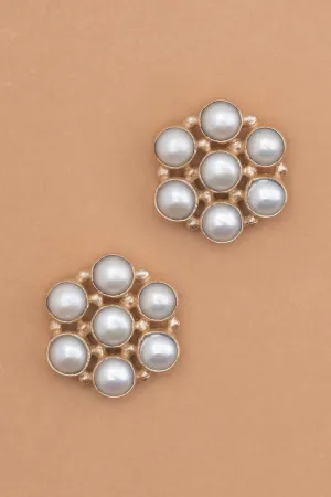 White Pearl Gold Floral Earrings