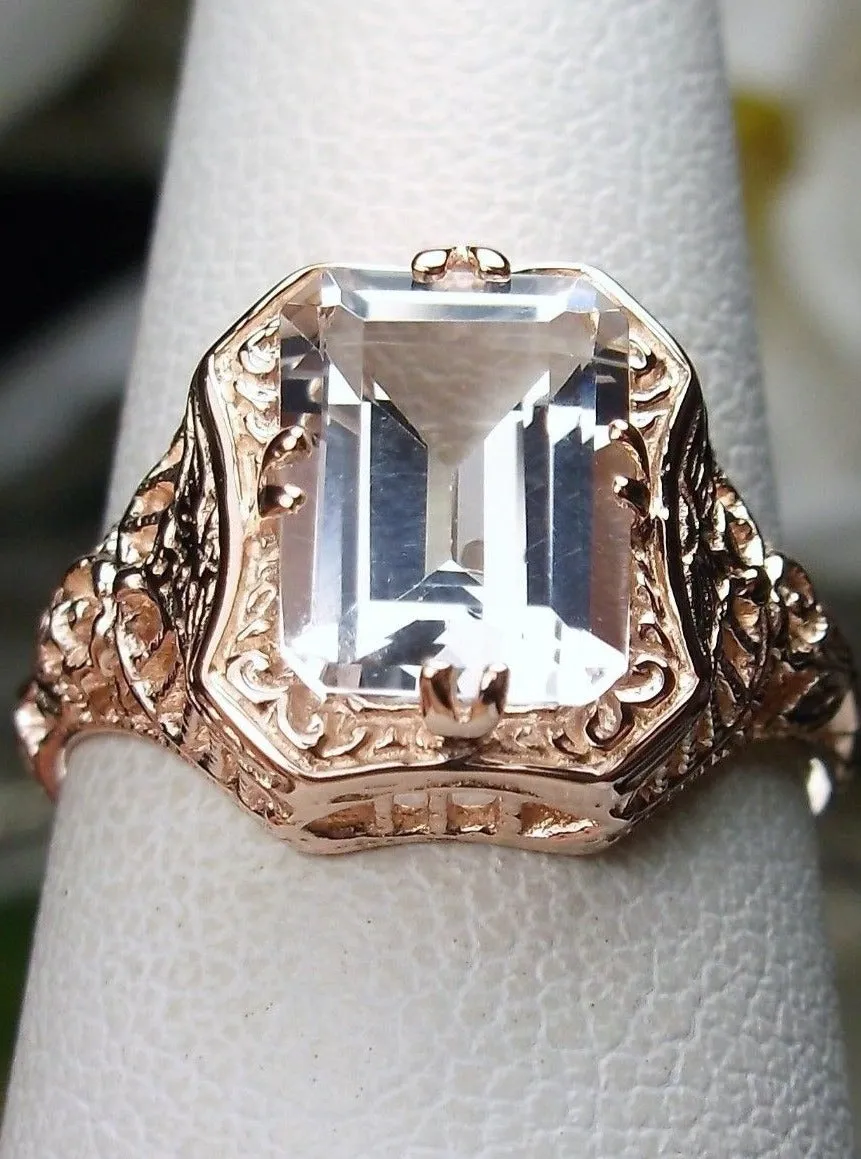 White Topaz Ring, 14K or 10K Gold, Lovely Rectangle Edwardian Jewelry #D148