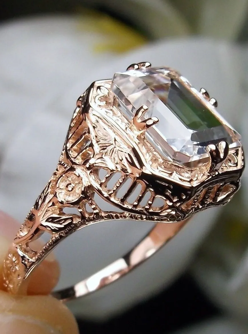 White Topaz Ring, 14K or 10K Gold, Lovely Rectangle Edwardian Jewelry #D148
