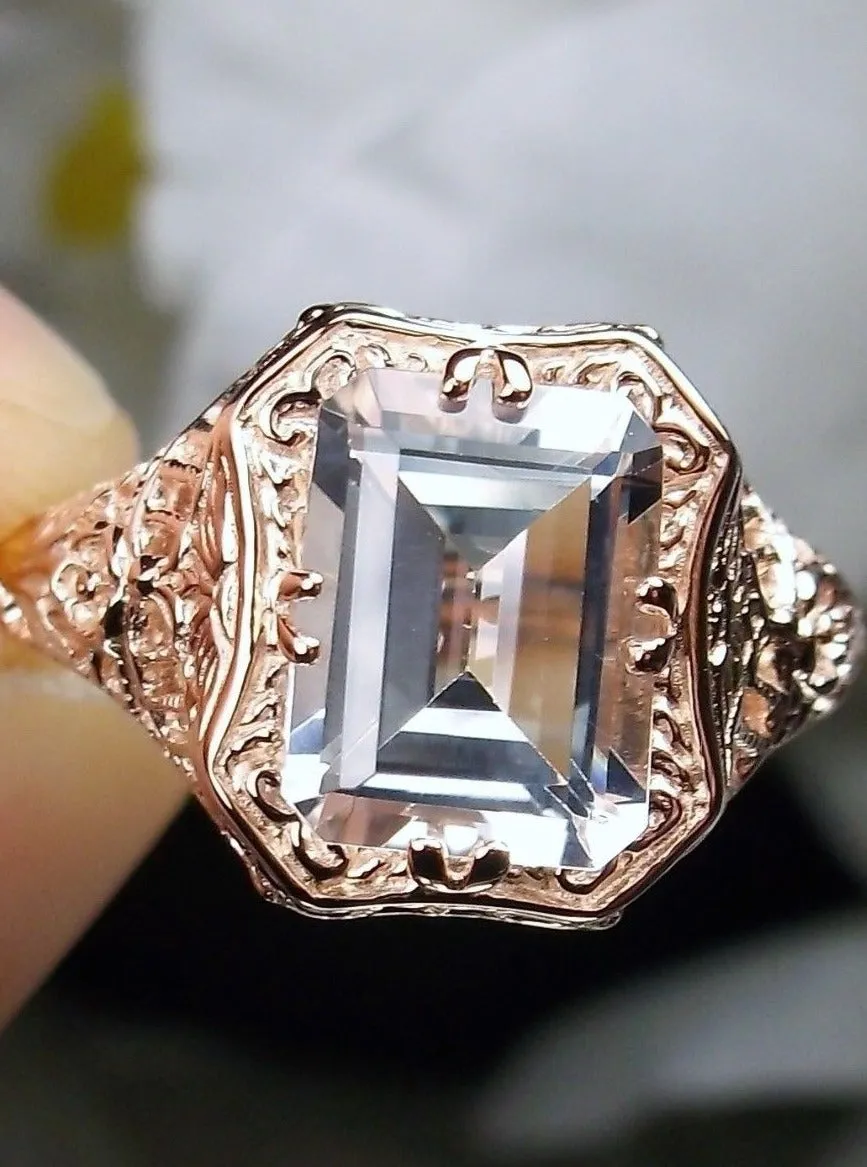 White Topaz Ring, 14K or 10K Gold, Lovely Rectangle Edwardian Jewelry #D148